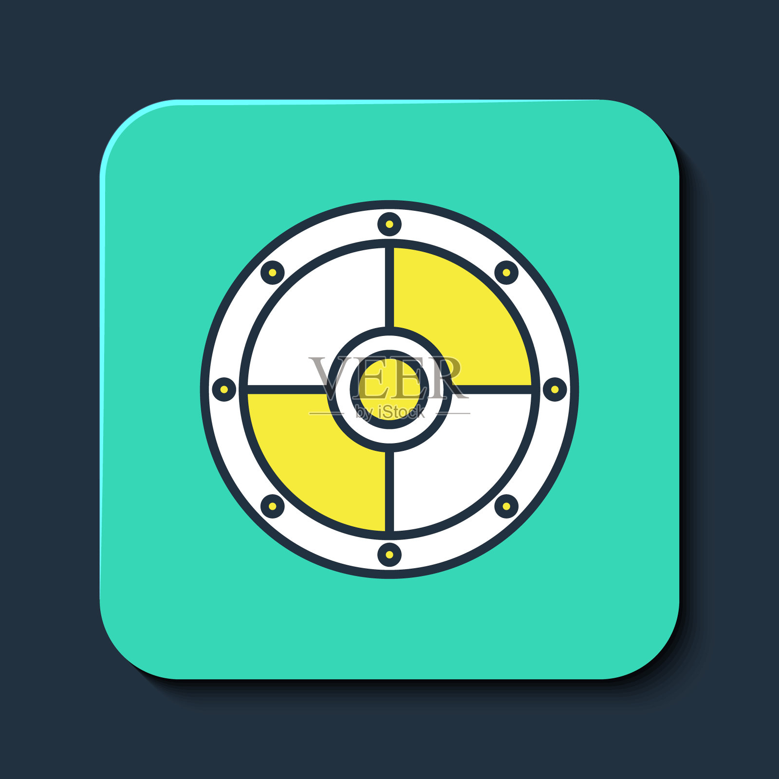 填充轮廓圆形木制盾牌图标孤立在蓝色背景上。安全、安全、保护、隐私、护卫理念。绿松石平方按钮。向量图标素材