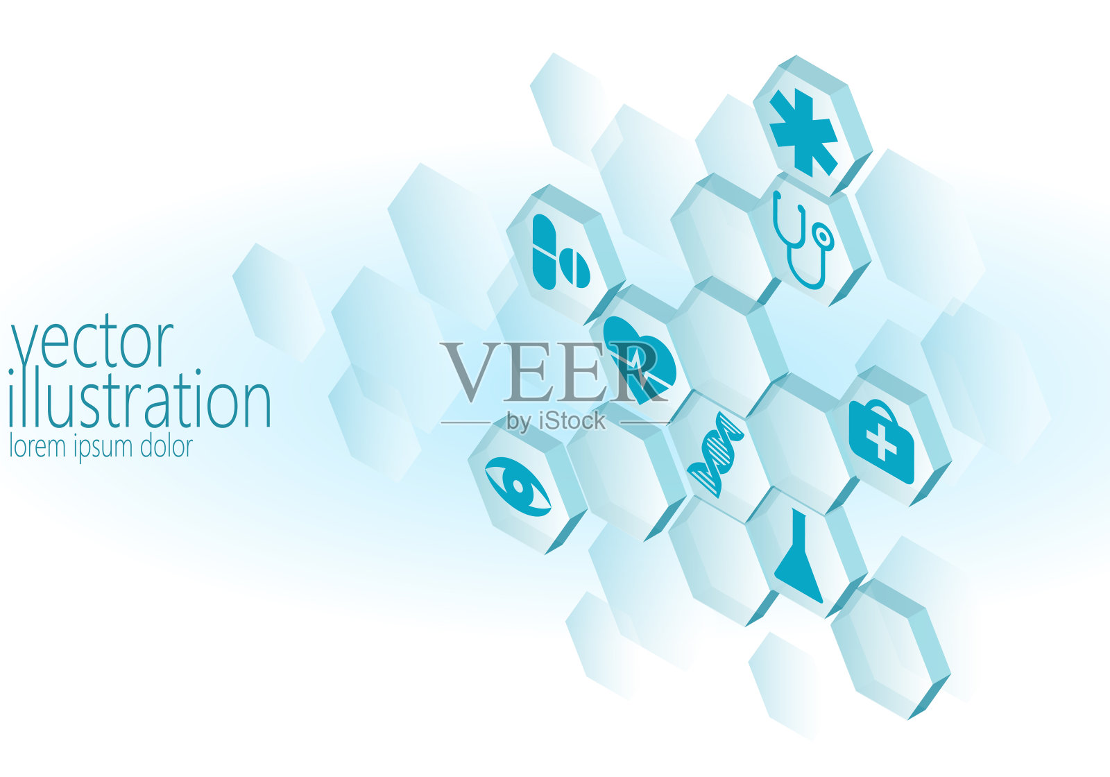 六边形医疗平面图标集。救护车创新医疗中心招贴商业设计元素。等长三维抽象组成蓝色发光矢量插图插画图片素材