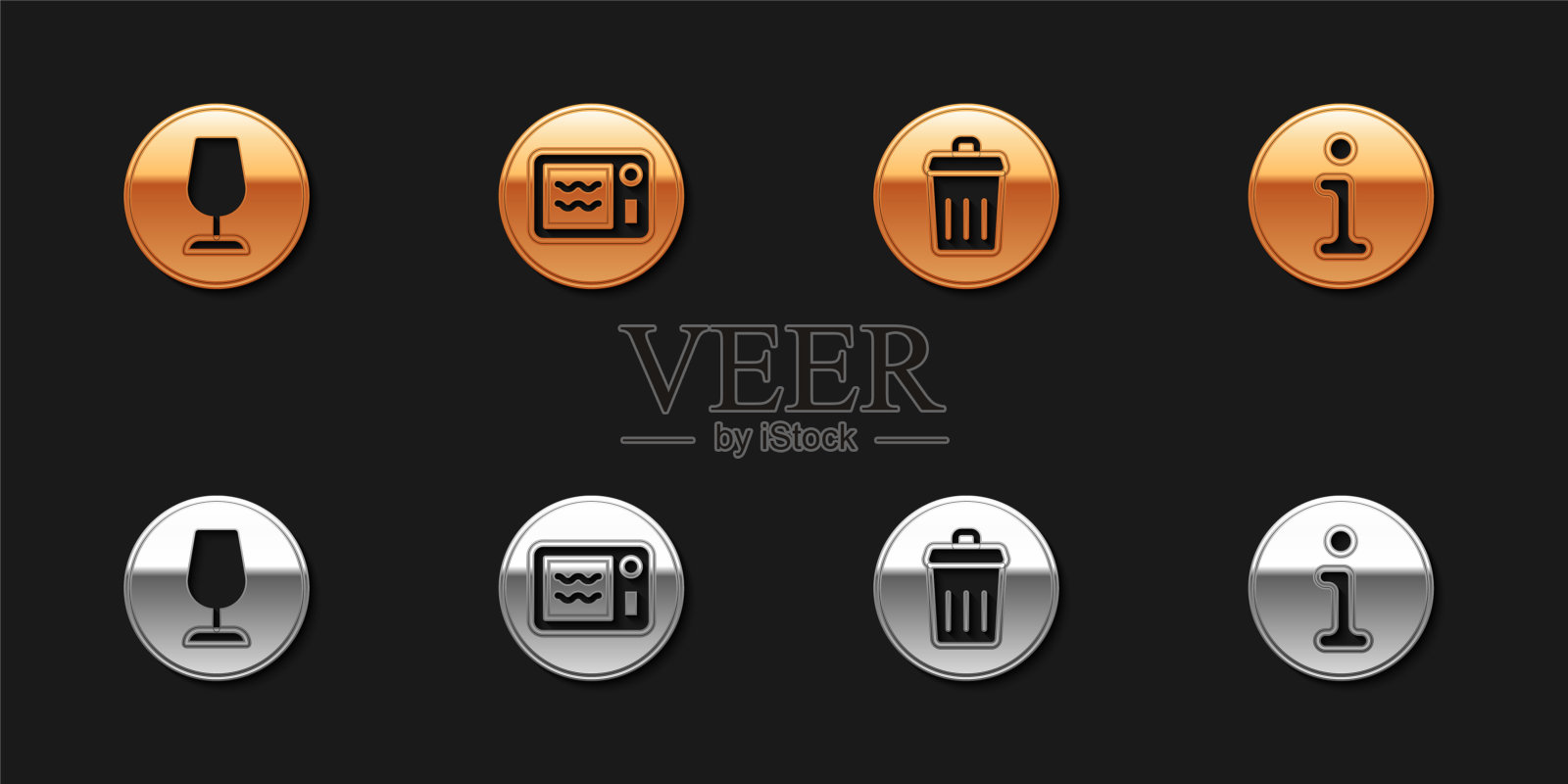 设置易碎玻璃、微波炉、垃圾桶和信息图标。向量图标素材