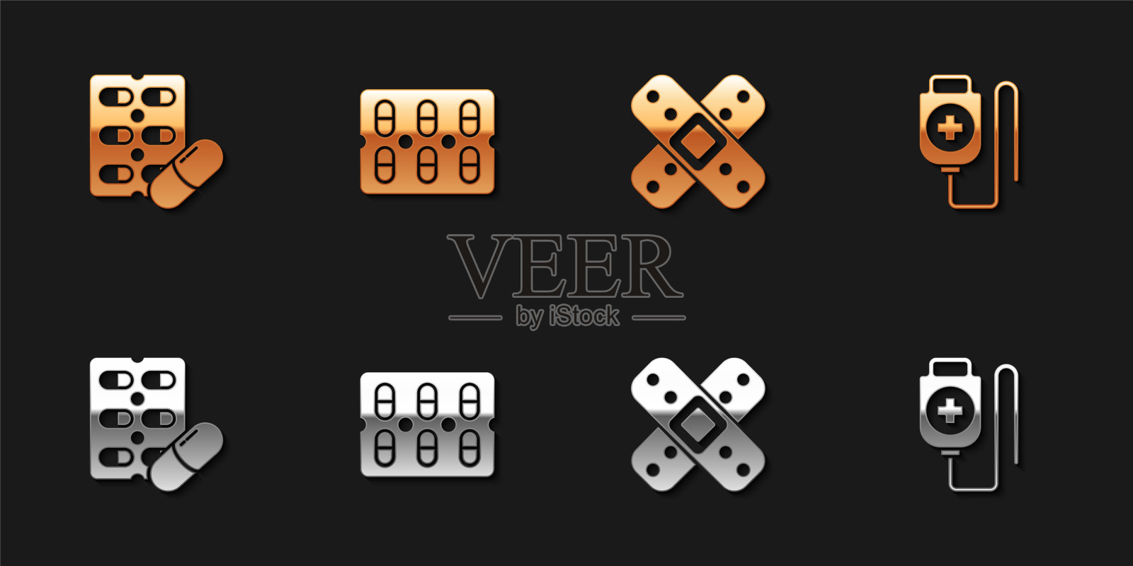 设置药丸在吸塑包装，，交叉绷带石膏和IV袋图标。向量图标素材