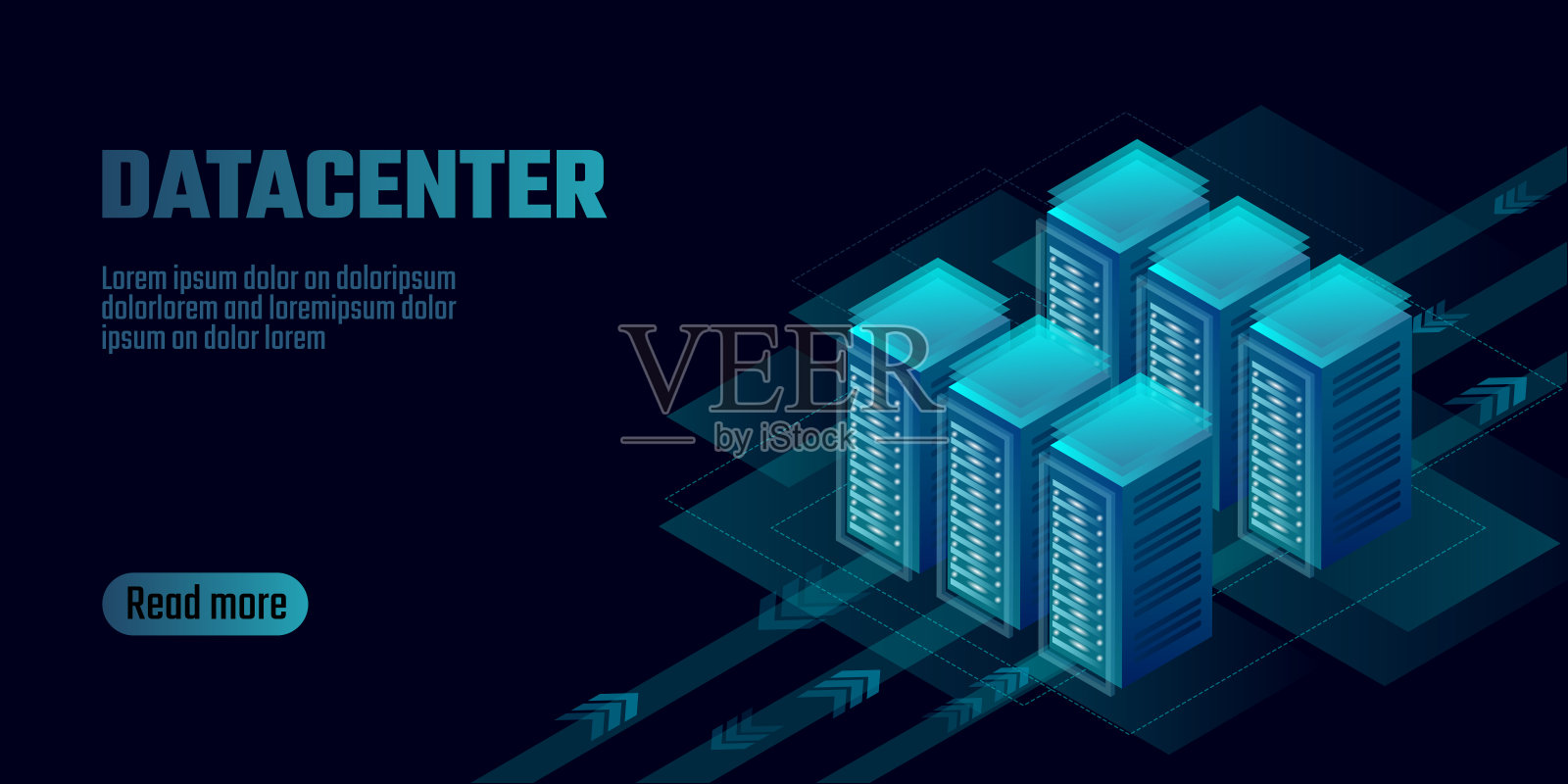 等距数据中心云计算存储概念旗帜。承载大数据处理的站点租金很高。主机计算机网络系统服务器场挖掘三维霓虹灯暗矢量图设计插画图片素材