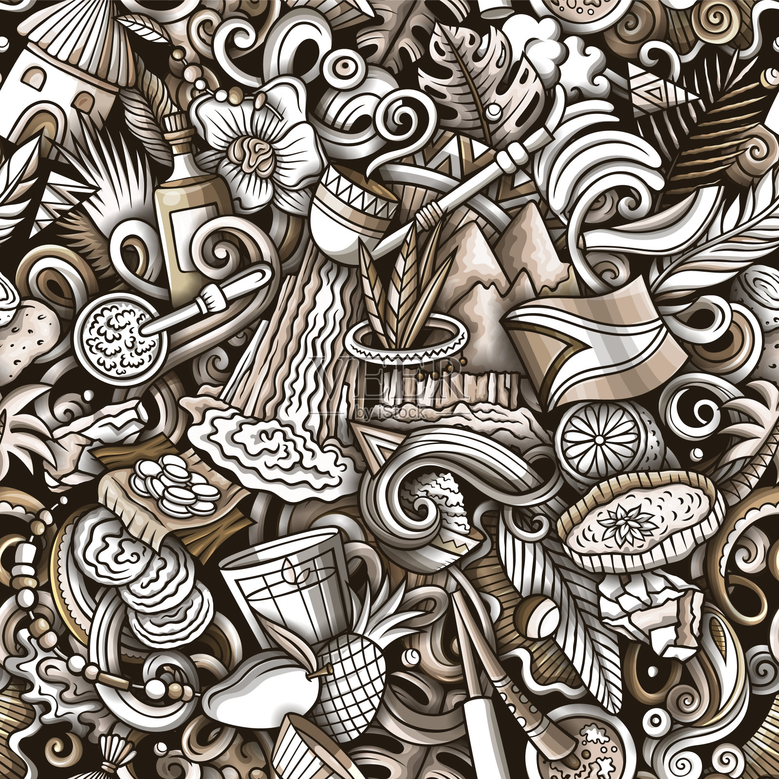 圭亚那无缝图案的卡通涂鸦。插画图片素材