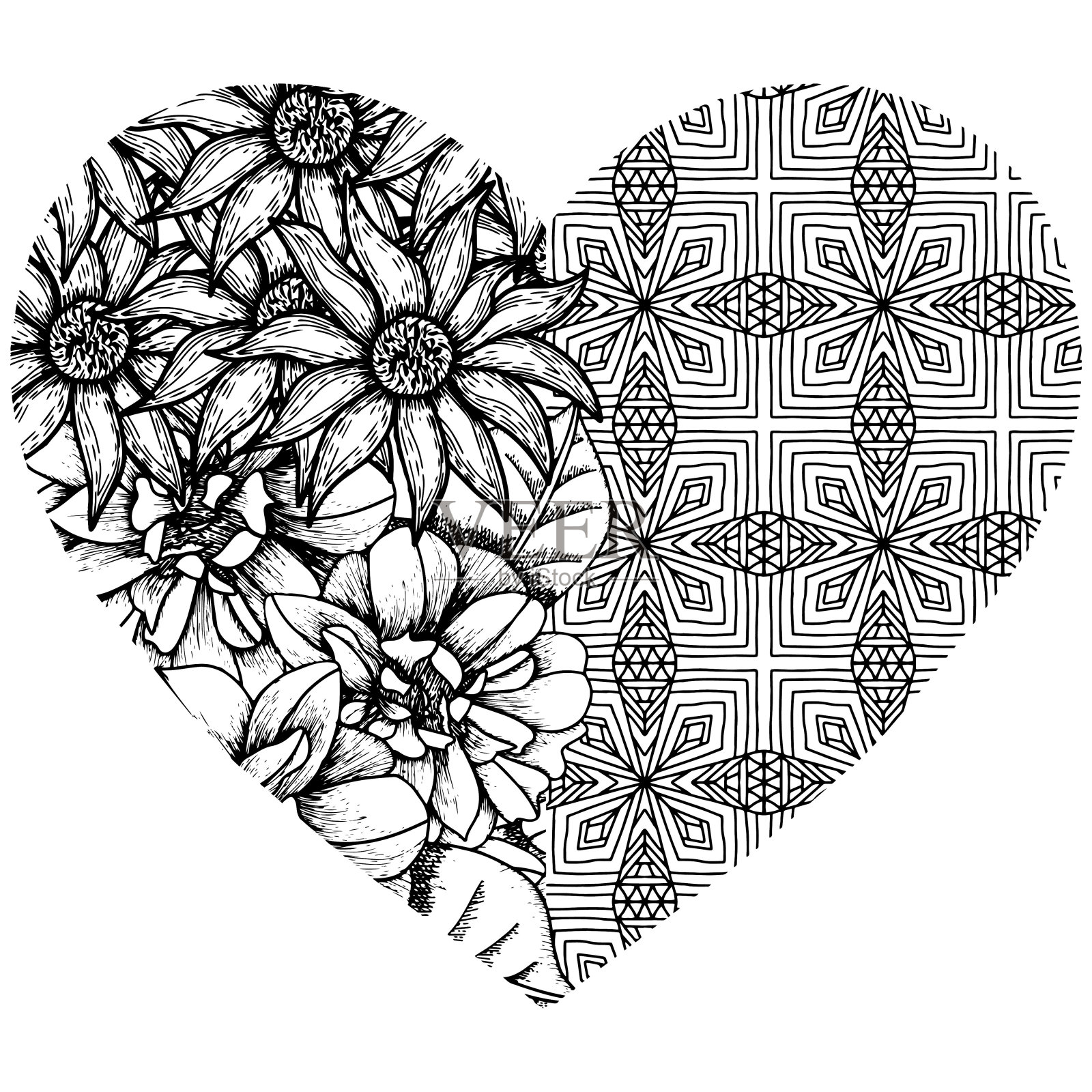 抽象的瓷砖与手绘的花形成一个心为白色背景着色插画图片素材