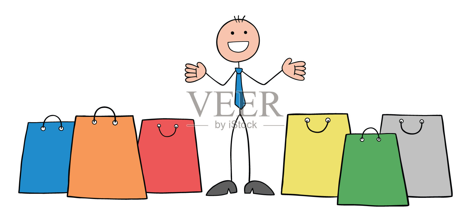 商人购物袋附近的Stickman，购物和快乐，手绘草图卡通矢量插图插画图片素材
