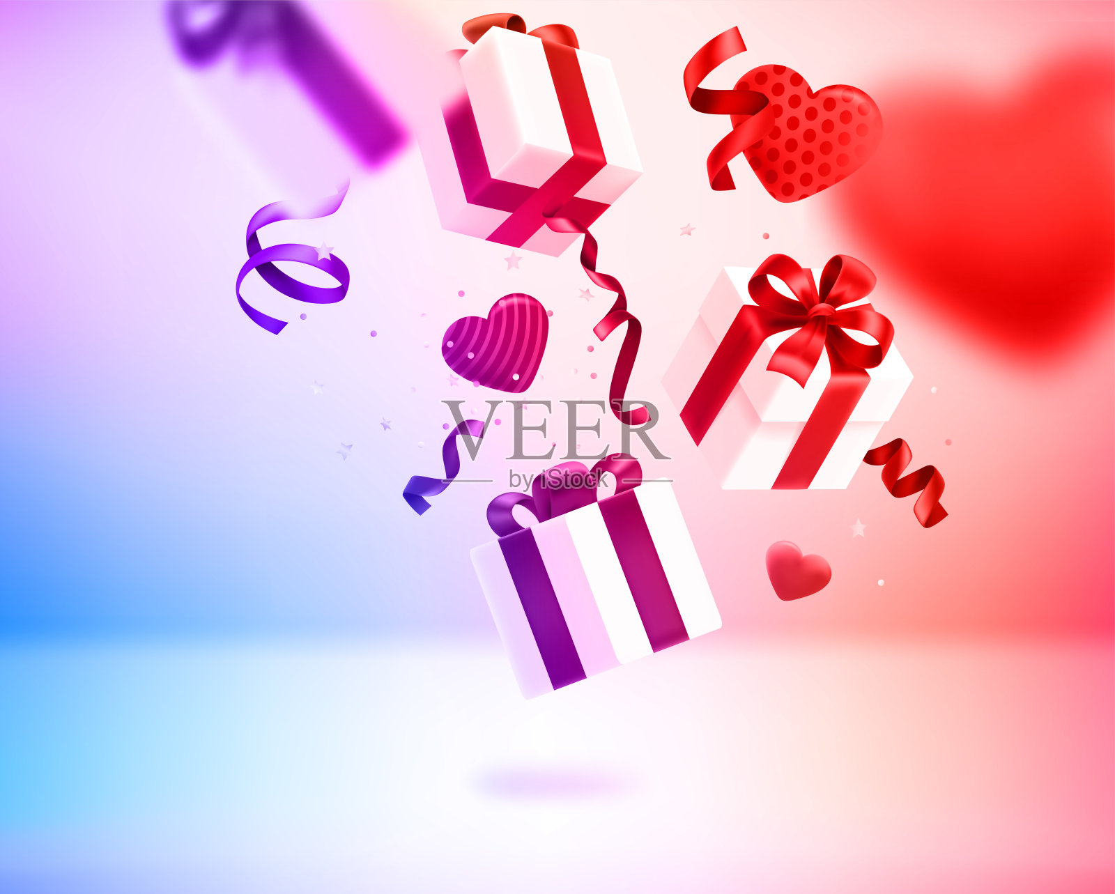 情人节贺卡上掉落的礼盒、爱心、丝带和五彩纸屑。三维向量横幅插画图片素材