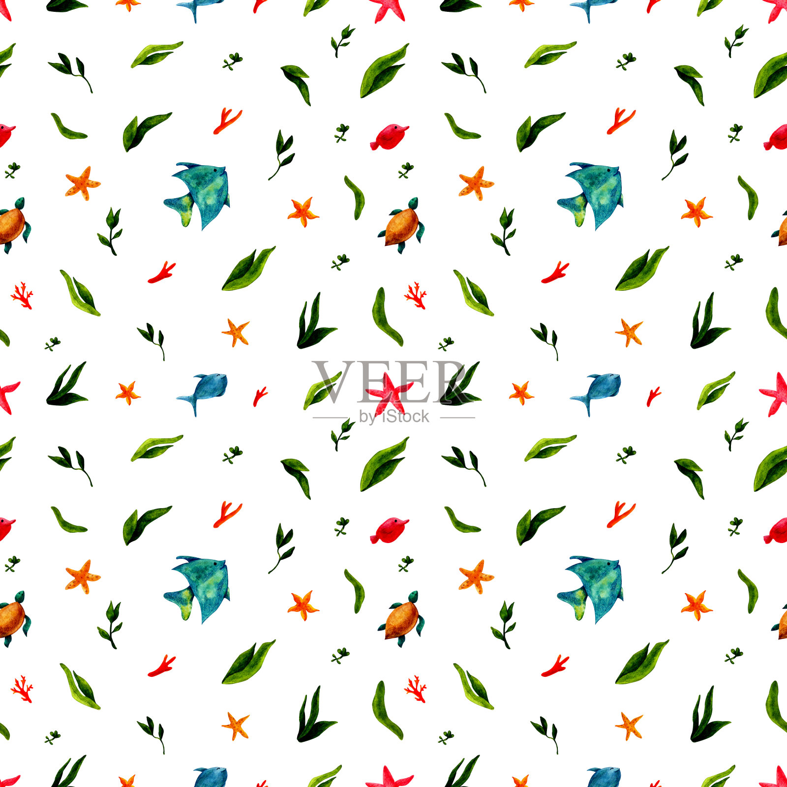 无缝水彩海图案与鱼，珊瑚，海藻插画图片素材