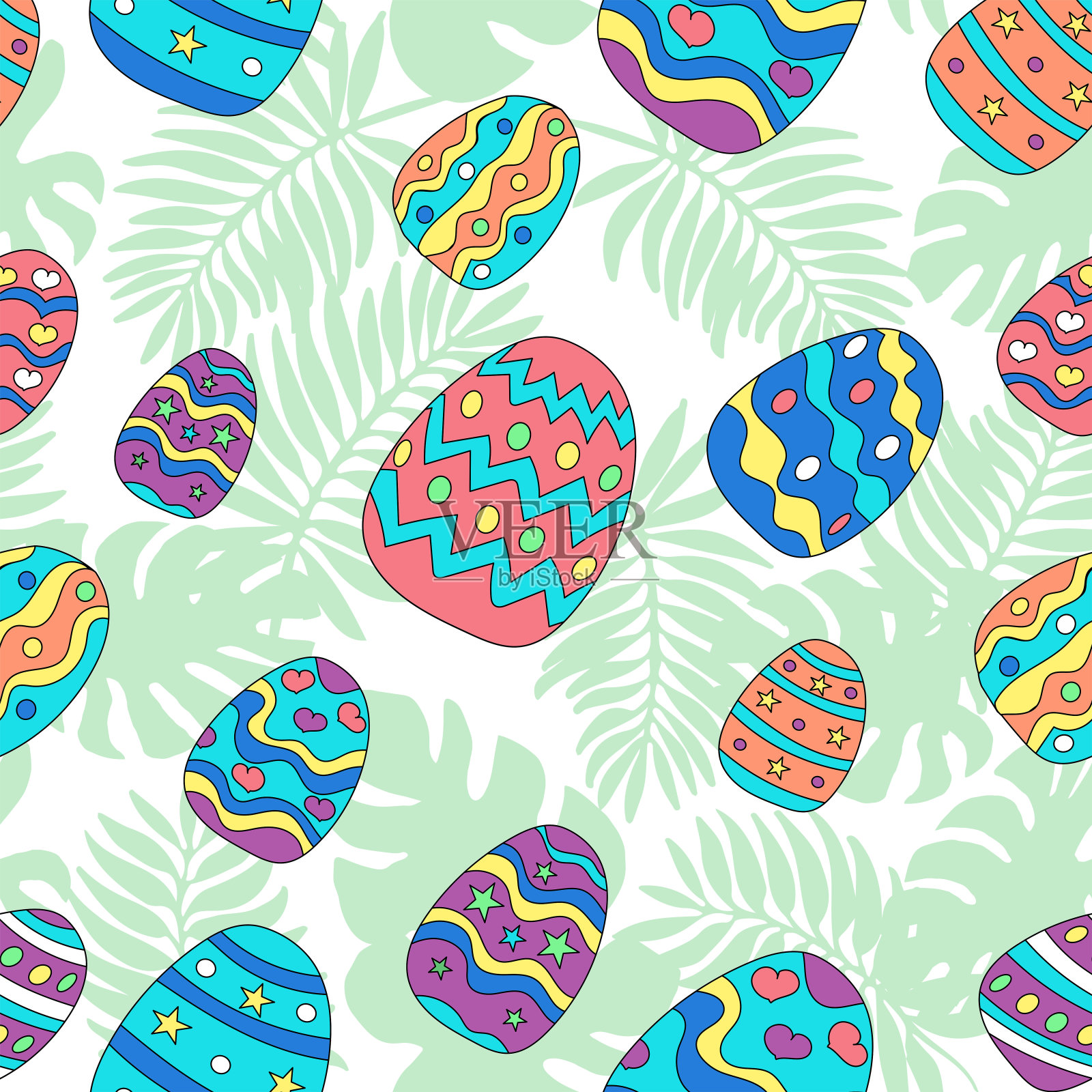 在白色的背景上，明亮的复活节彩蛋被怪物和棕榈叶的热带叶子包围的向量无缝图案。最初的复活节背景为纺织品和包装纸插画图片素材
