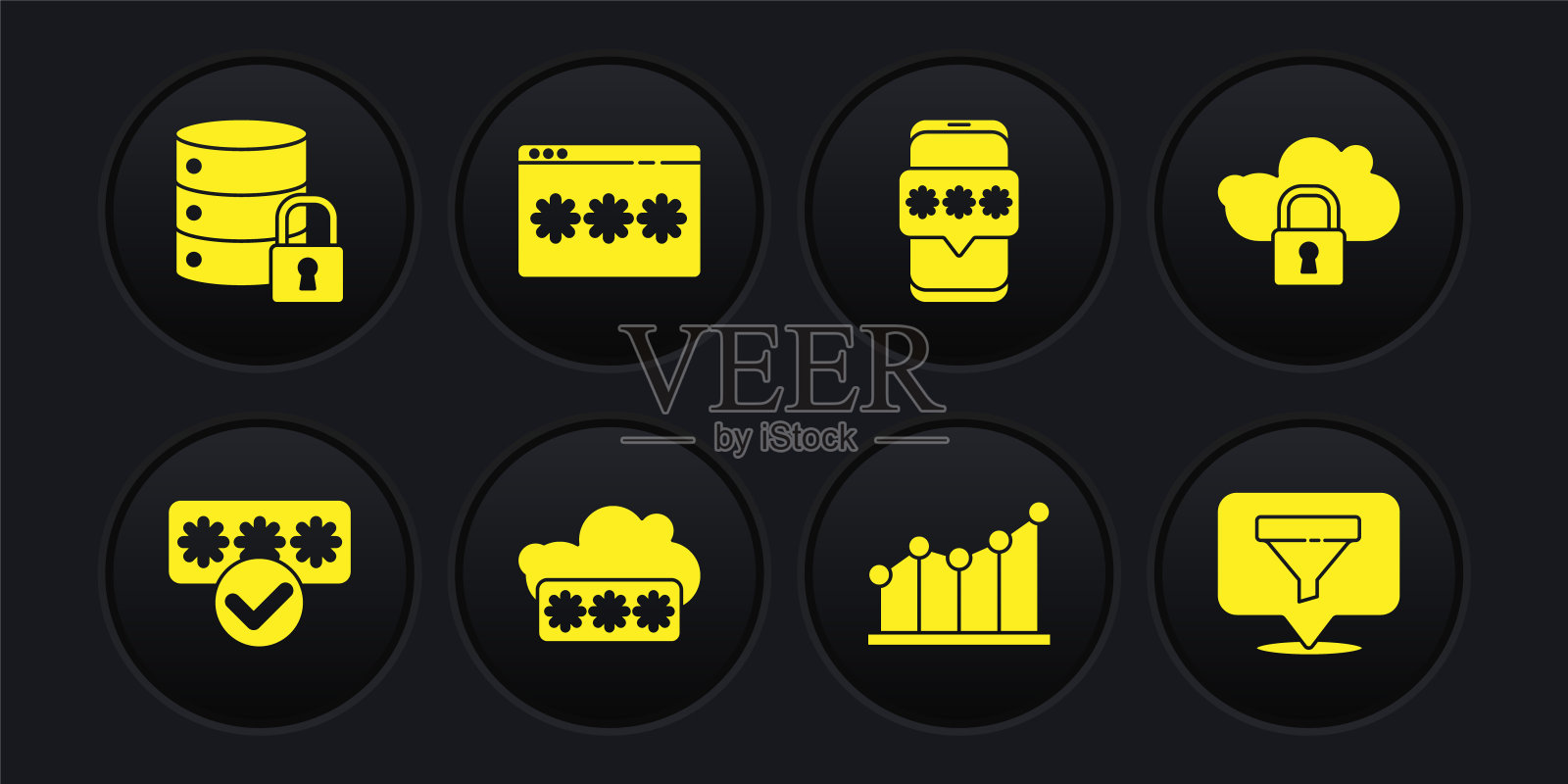 设置密码保护，云计算锁，饼图信息图，移动和密码，位置与销售漏斗和服务器安全图标。向量图标素材