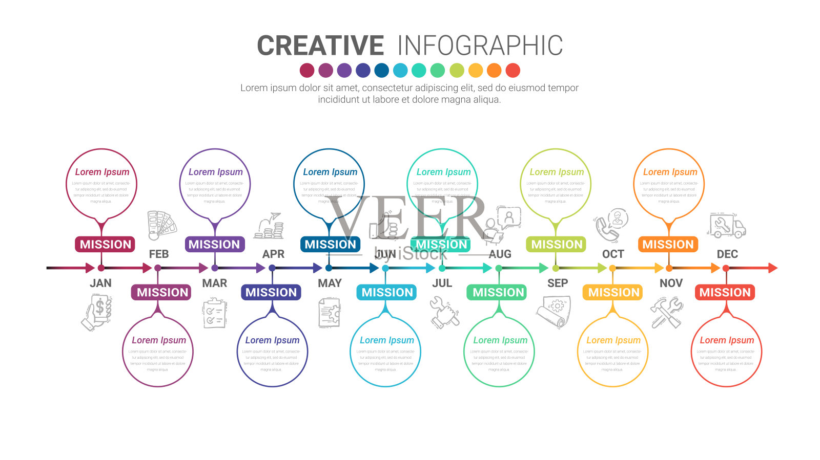 12个月，1年时间线展示，时间线信息图形设计插画图片素材