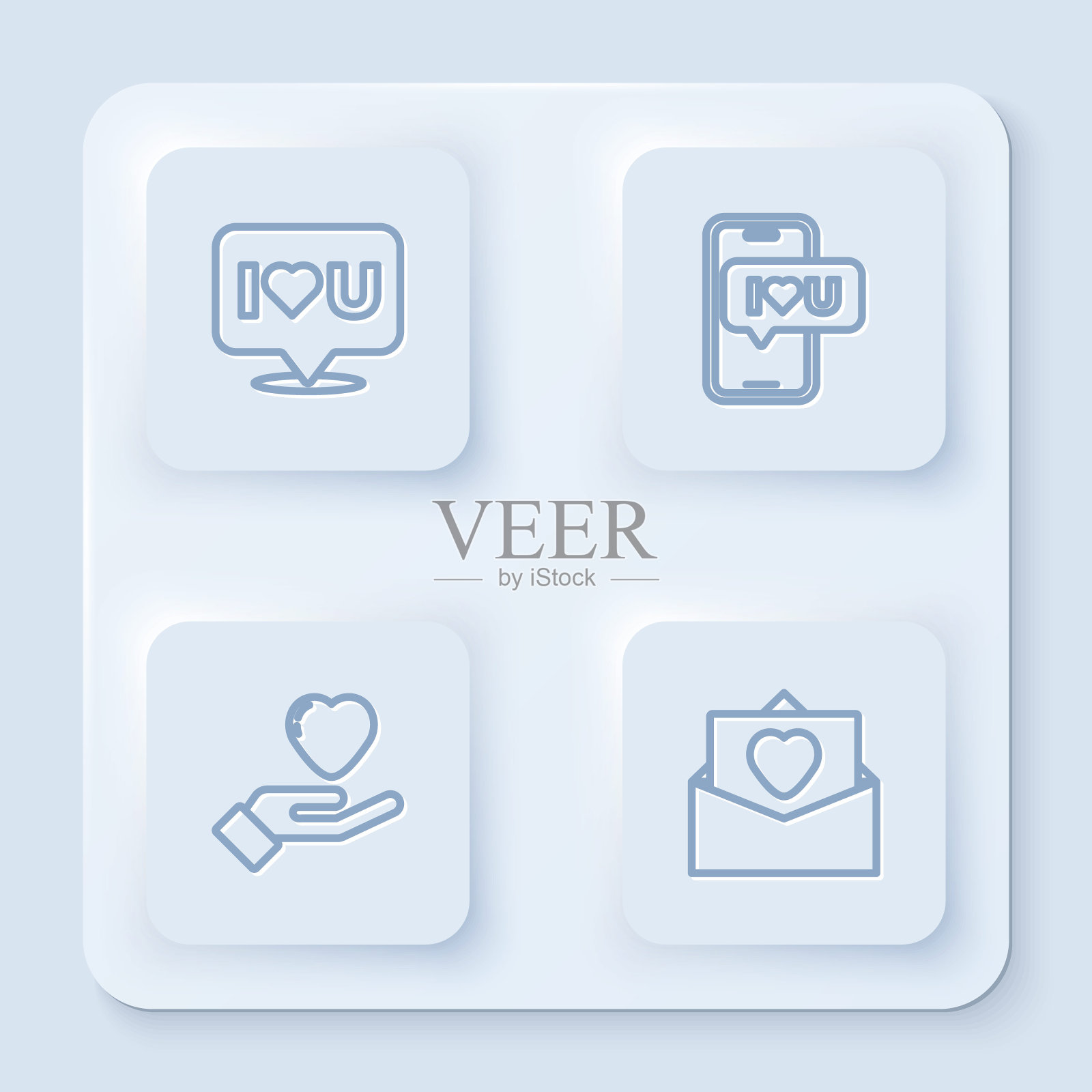 套话气泡我爱你，移动心，心在手上和信封情人节。白色正方形按钮。向量图标素材