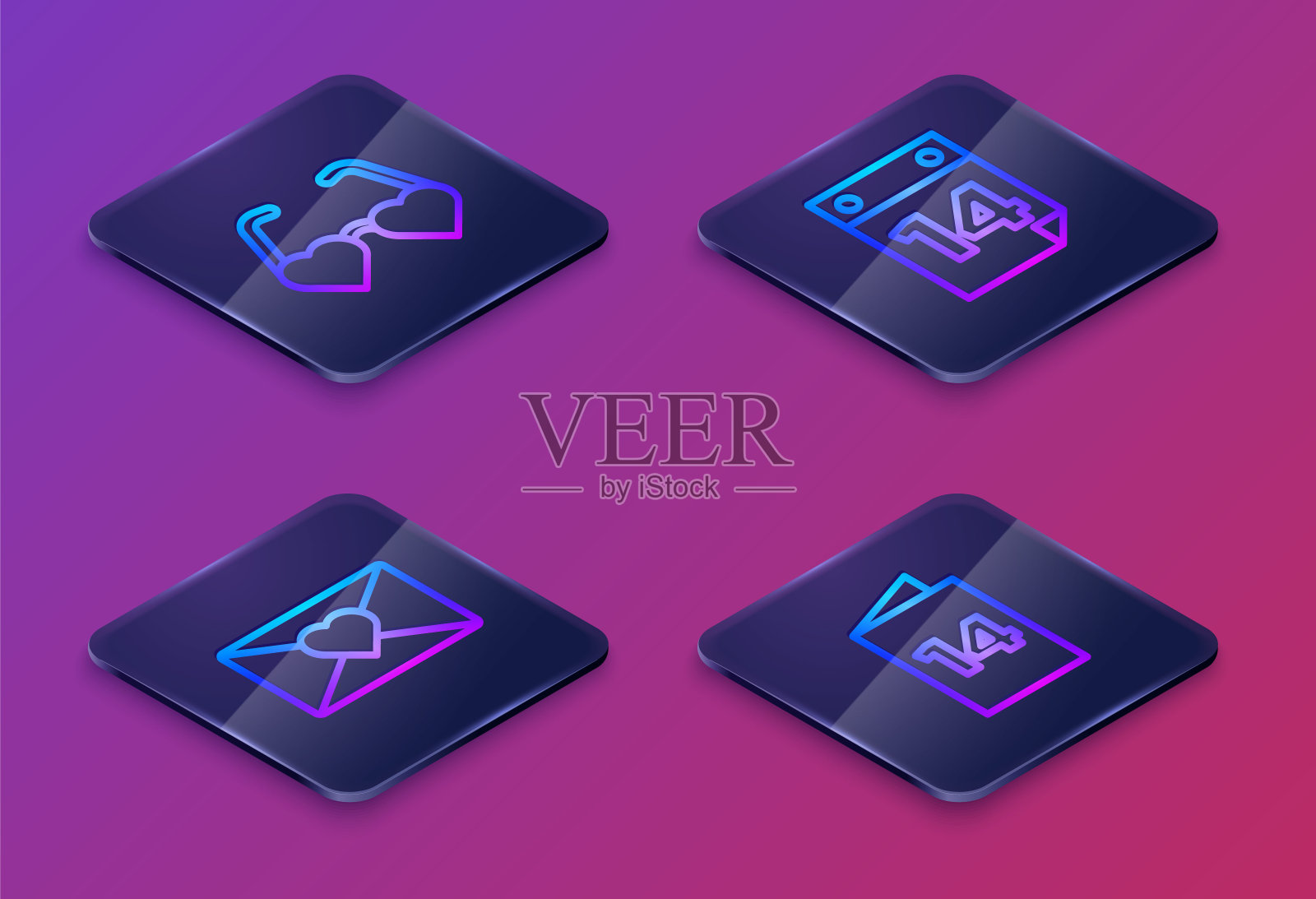 设置等距线心形的爱情眼镜，信封与情人的心，日历2月14日和贺卡。蓝色方块按钮。向量图标素材