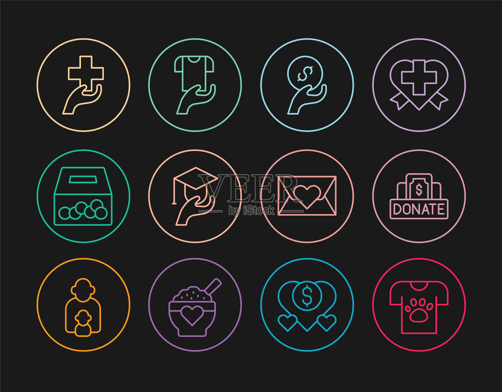 设置动物志愿者、捐赠慈善、教育捐赠、爱心十字、信封爱心和捐赠衣服图标。向量图标素材