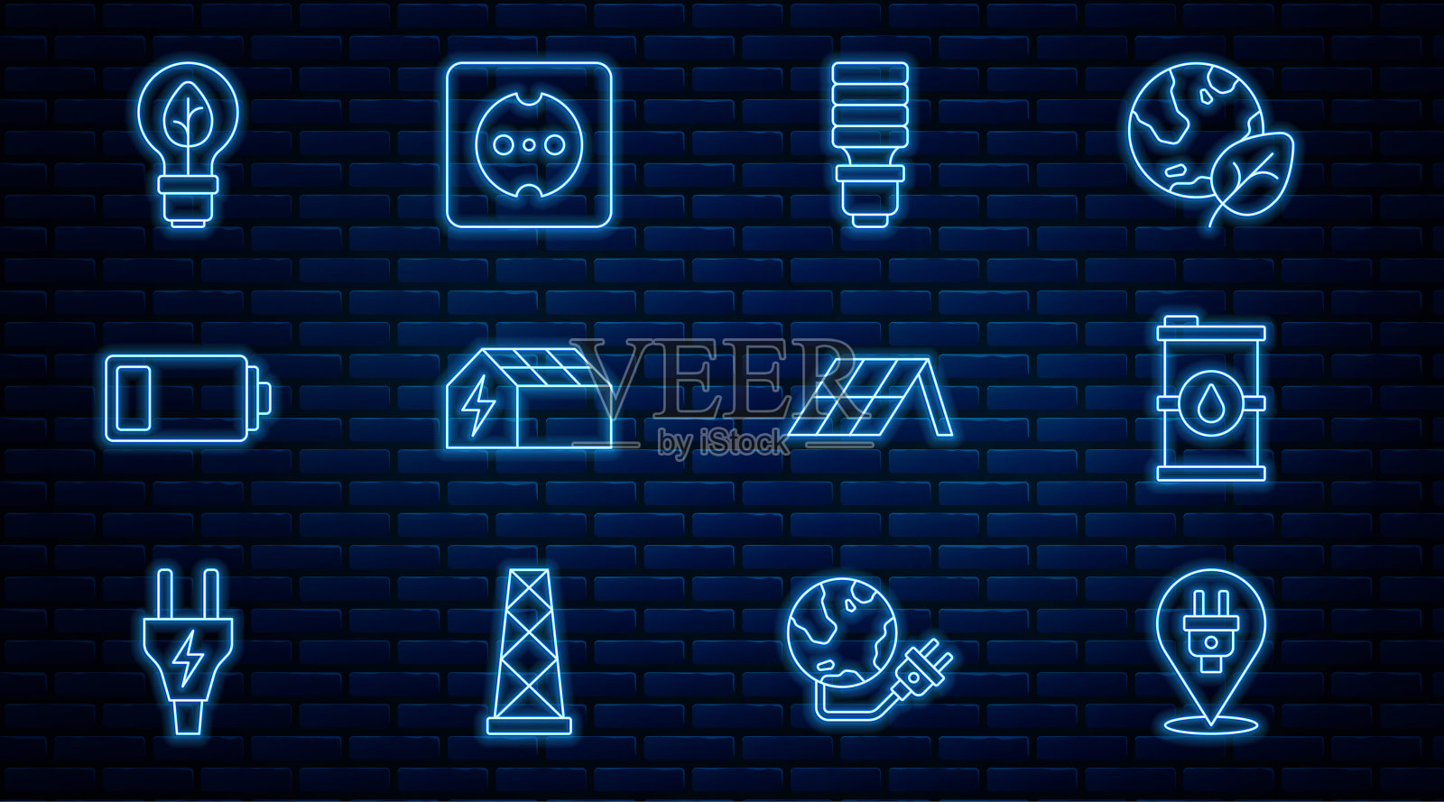 设置线:电插头、生物燃料桶、LED灯泡、太阳能电池板、电池、带叶片灯、电源插座图标。向量图标素材