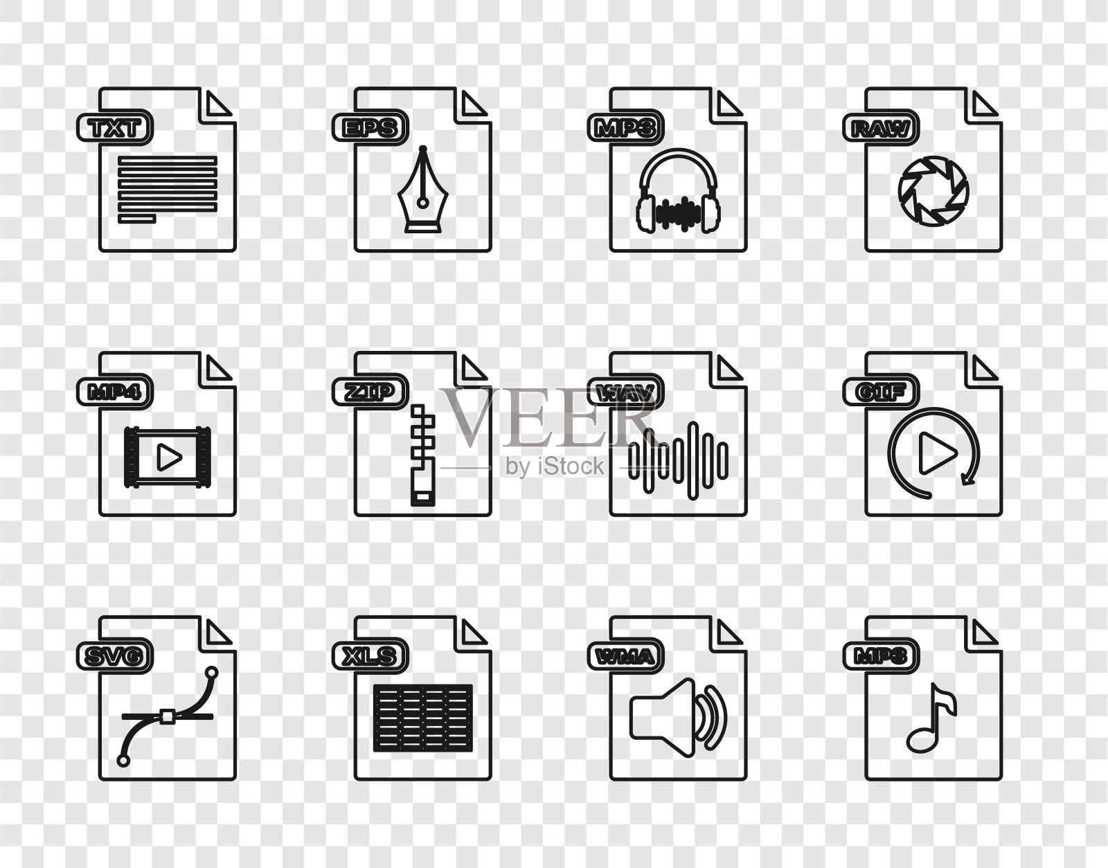 设置行SVG文件文档，MP3, XLS, TXT, ZIP, WMA和GIF图标。向量图标素材