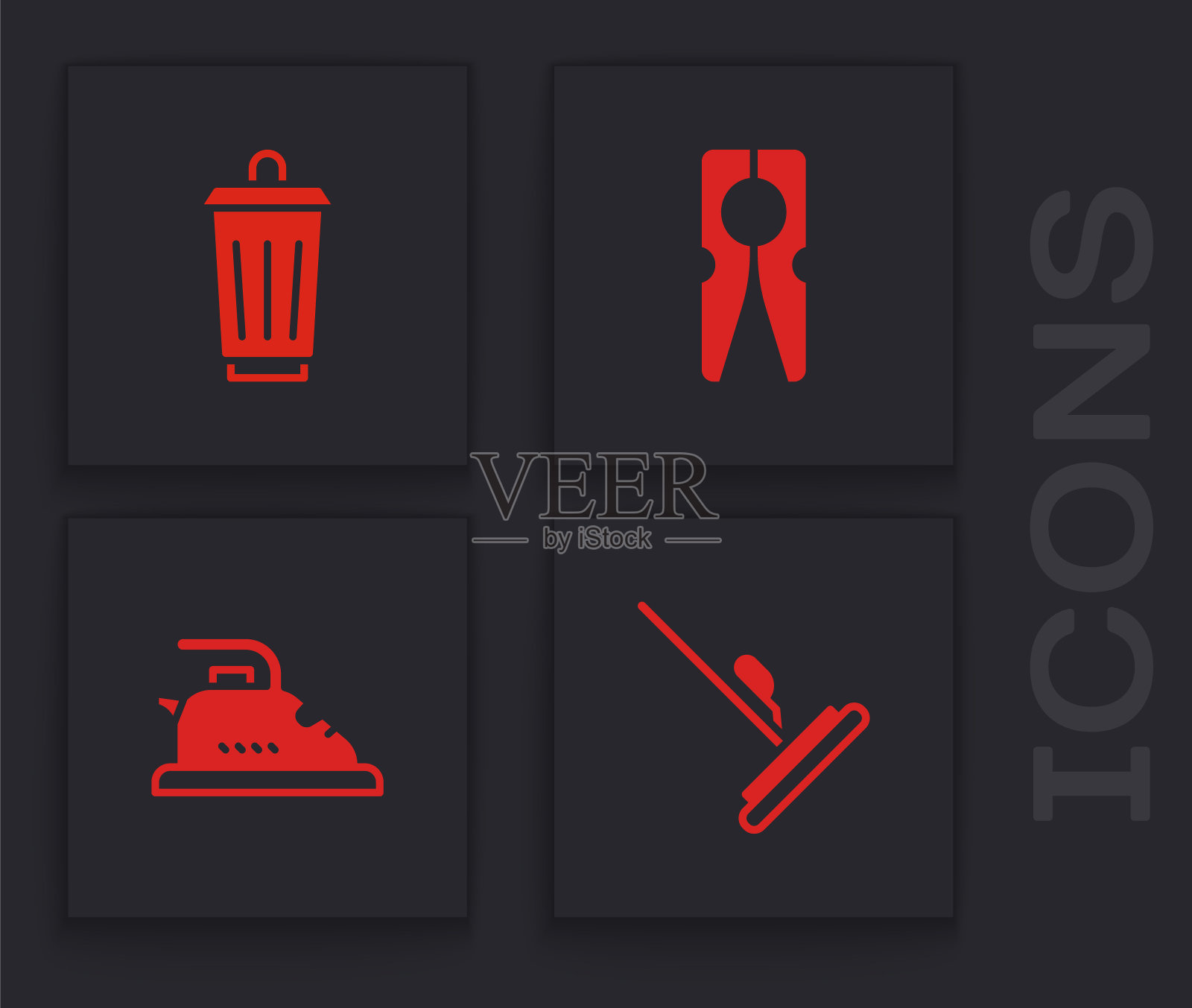 设置拖把、垃圾桶、衣夹和电熨斗图标。向量图标素材