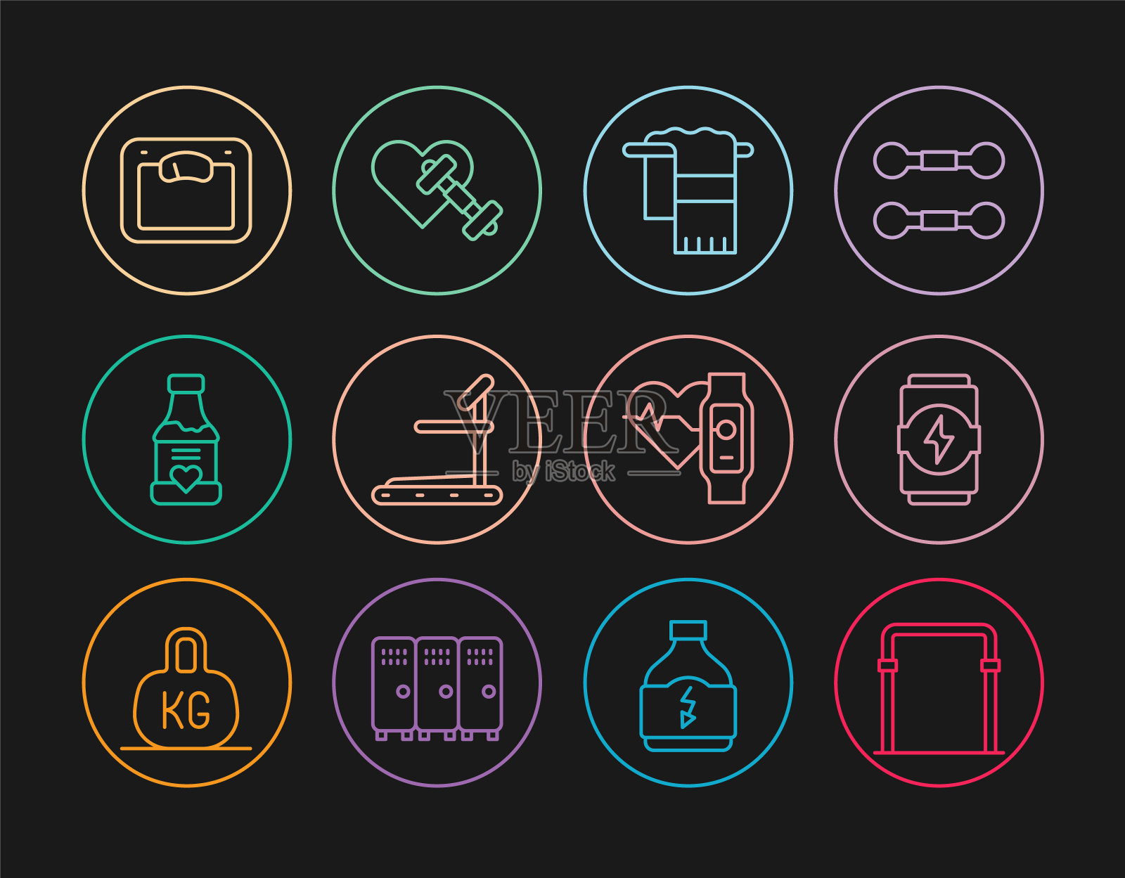 设置线运动水平酒吧，能量饮料，毛巾衣架，跑步机，维生素，浴室秤，心脏和哑铃图标智能手表。向量图标素材