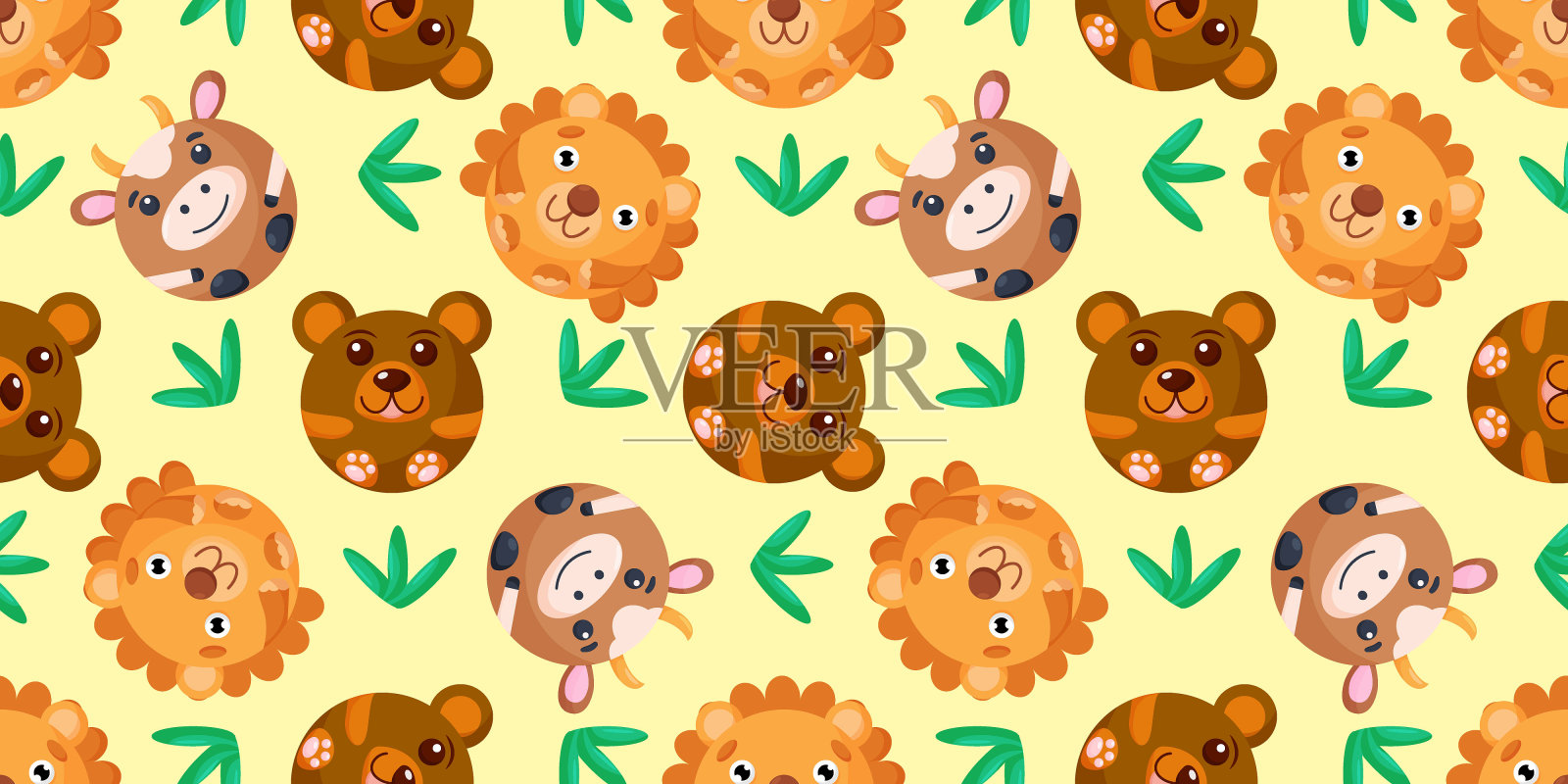 无缝向量模式的熊，狮子，牛。背景上有圆羊、猫、猫头鹰。矢量图插画图片素材