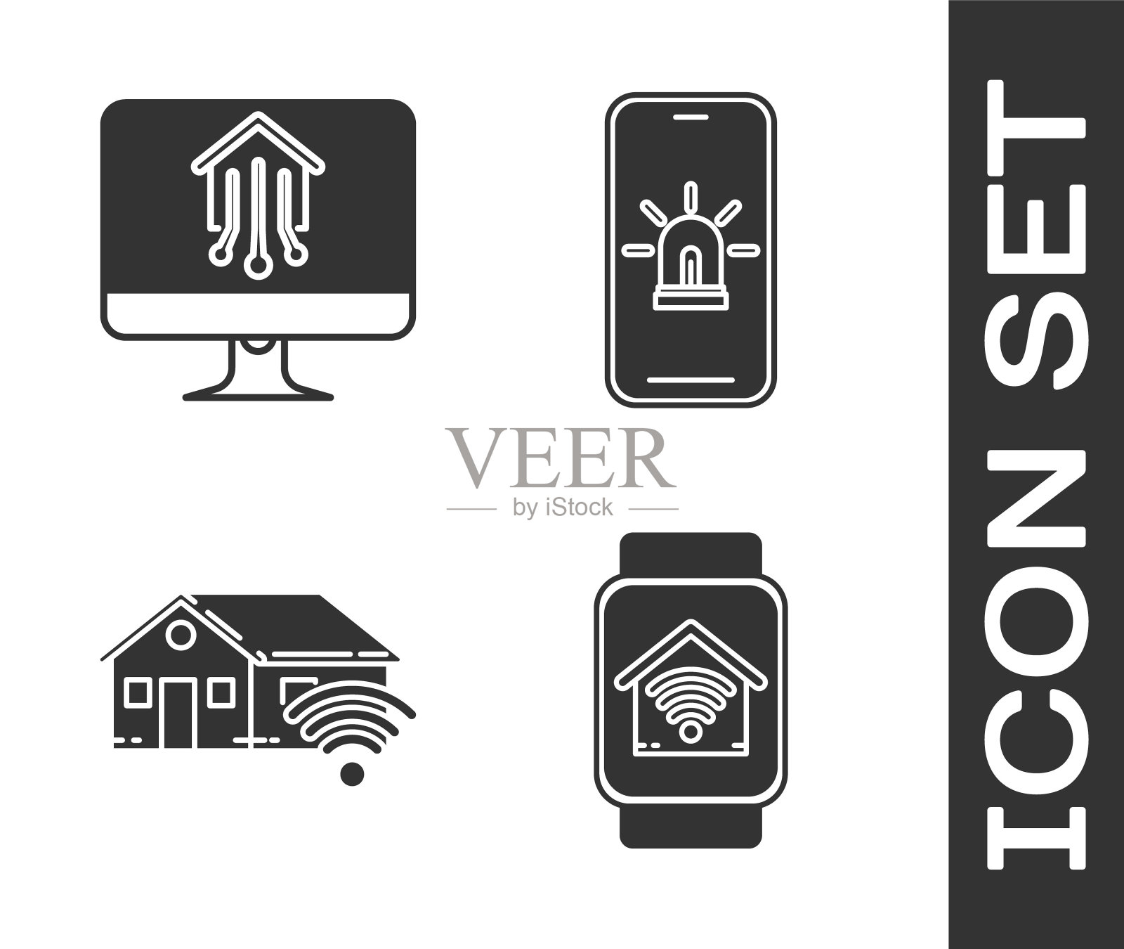 设置智能手表与智能家居与wi-fi，电脑显示器与智能家居，手机与智能家居和警报图标。向量图标素材