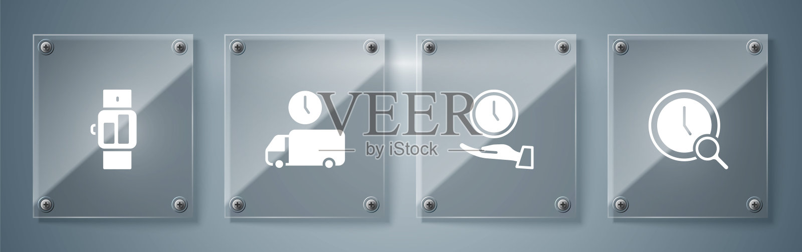 设置放大镜与时钟，时钟，交付时间和智能手表。方形玻璃面板。向量插画图片素材