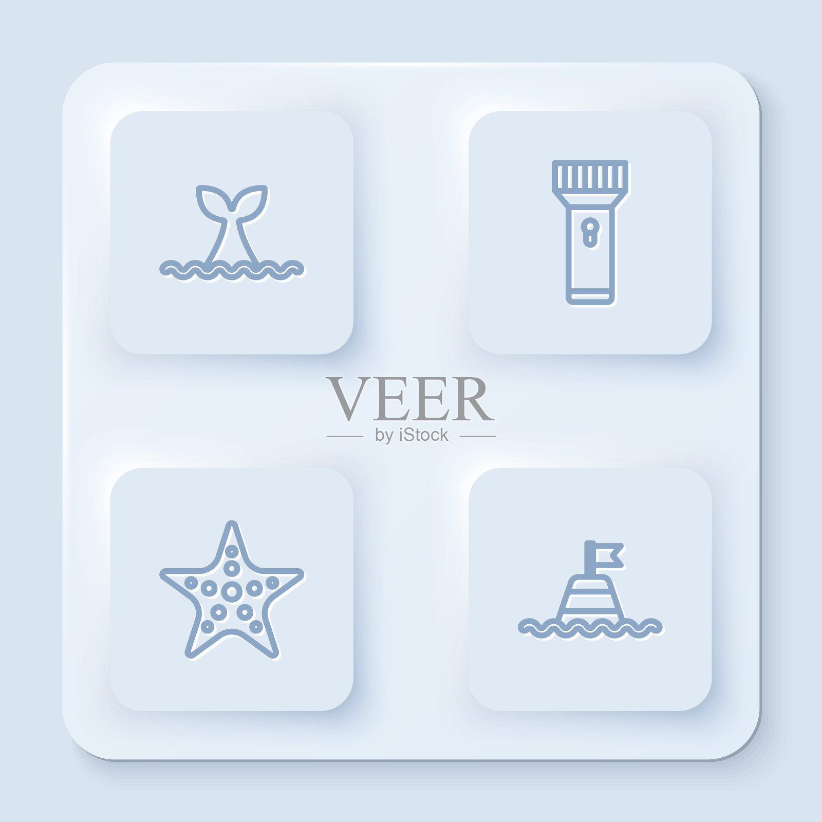 在海浪中设置鲸鱼尾巴，闪光灯，海星和海上漂浮浮标。白色正方形按钮。向量插画图片素材