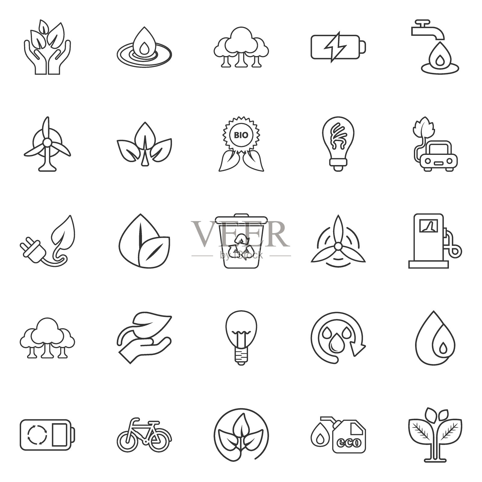 生态环境图标设置在平面风格。生态矢量插图在白色孤立的背景。生物会徽标识经营理念。图标素材