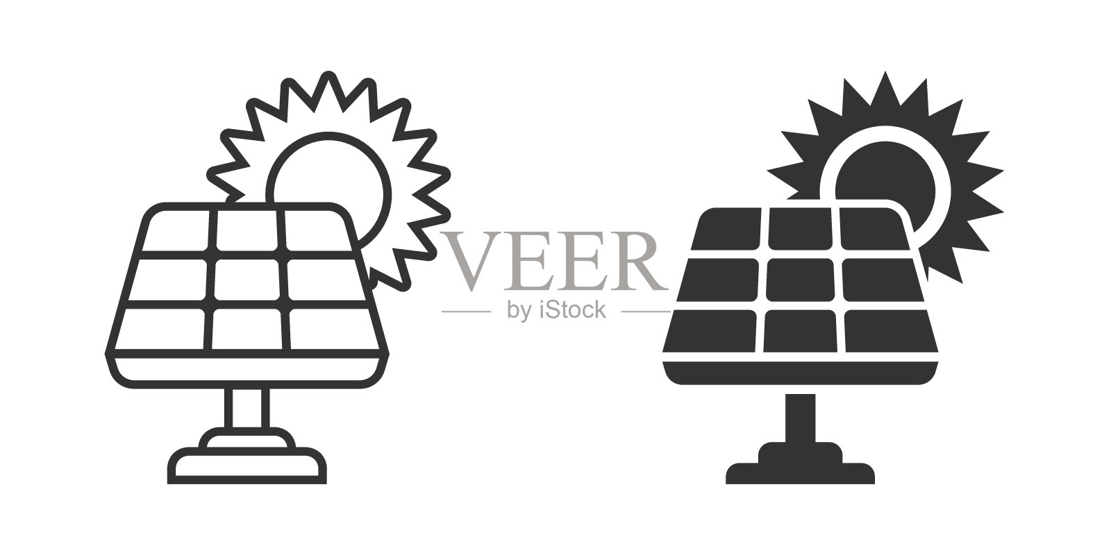 太阳能电池板图标在平坦的风格。生态能量矢量插图在白色孤立的背景。电工标牌经营理念。图标素材