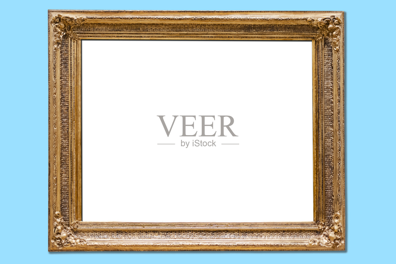 大旧豪华空古董金色框架孤立在蓝色背景照片摄影图片