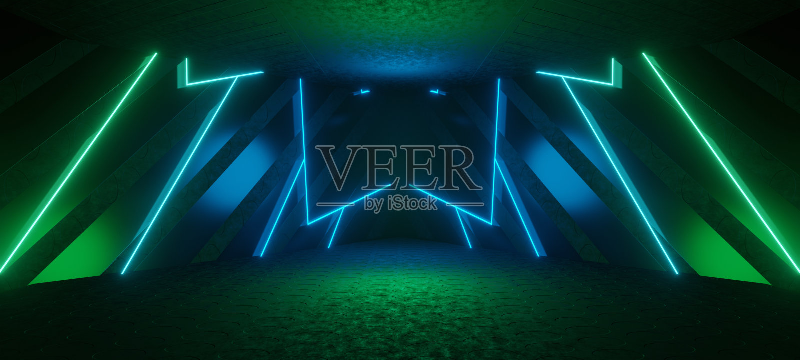 概念艺术技术赛博大厅工作室赛博未来舞台走廊激光发光与中海绿颜色数字抽象背景航天器建筑3D插图照片摄影图片