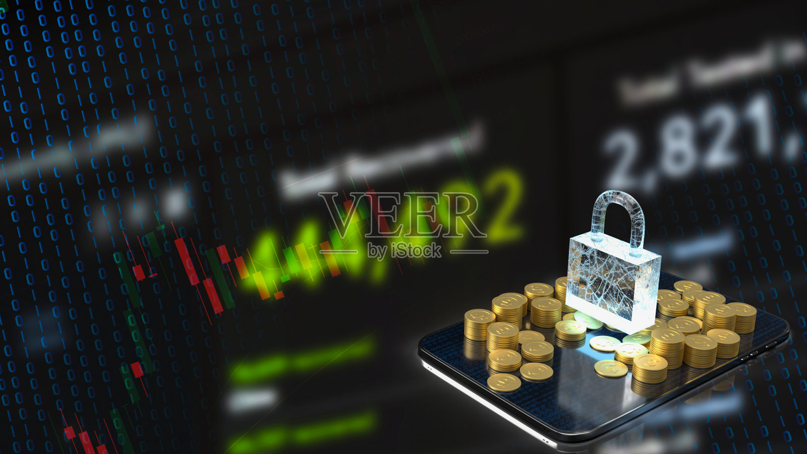 商业概念3d渲染的主钥匙或锁和金币平板电脑照片摄影图片