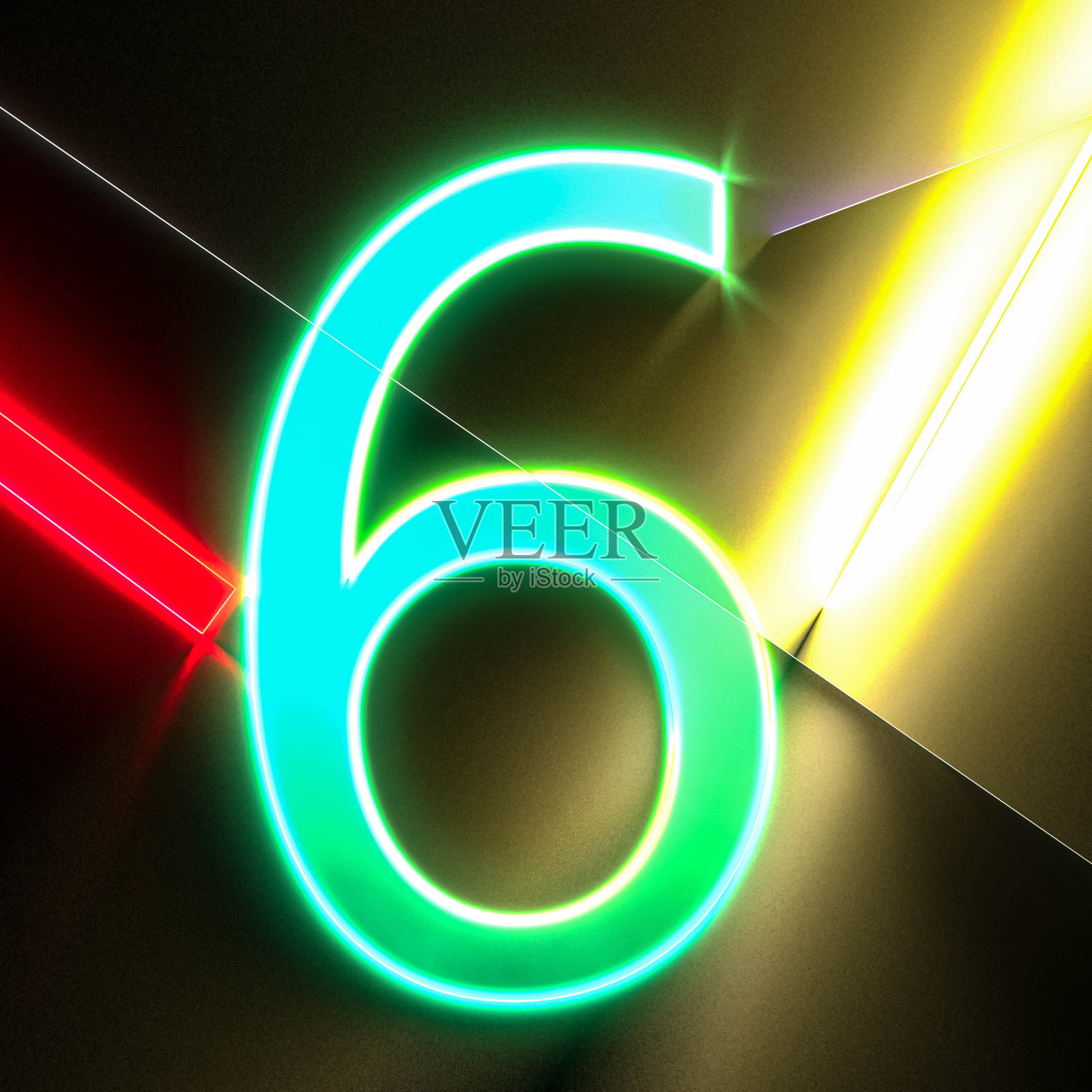 绿色6号霓虹灯。发光的6号。3 d演示。照片摄影图片