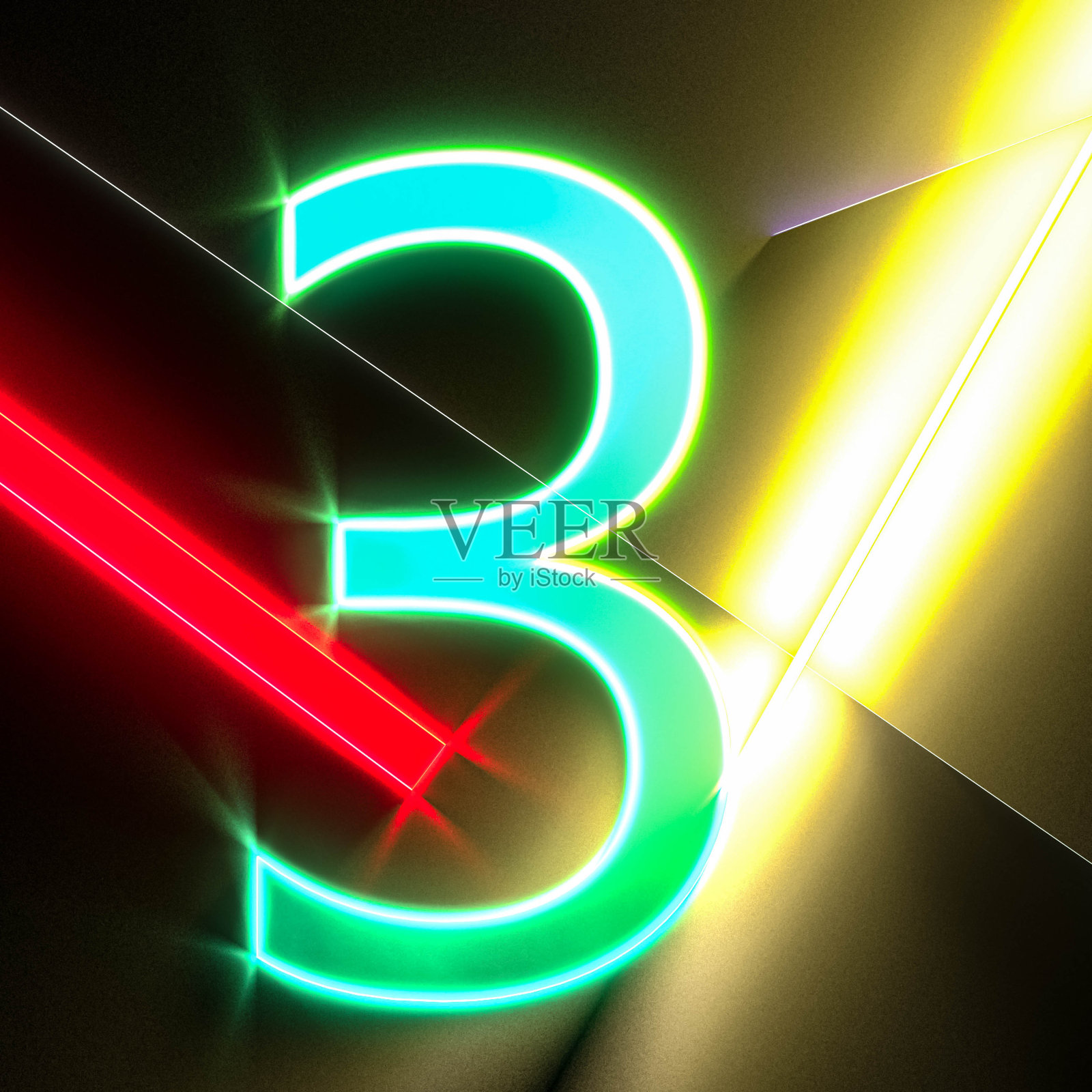 绿色三号霓虹灯。发光的3号。3 d演示。照片摄影图片