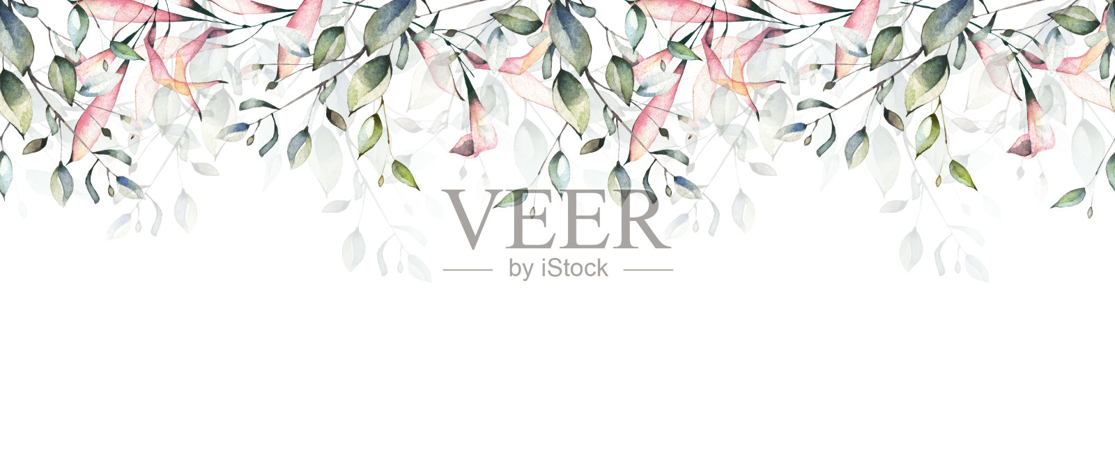 水彩画花架。树枝和叶子的排列。无缝的边界插画图片素材