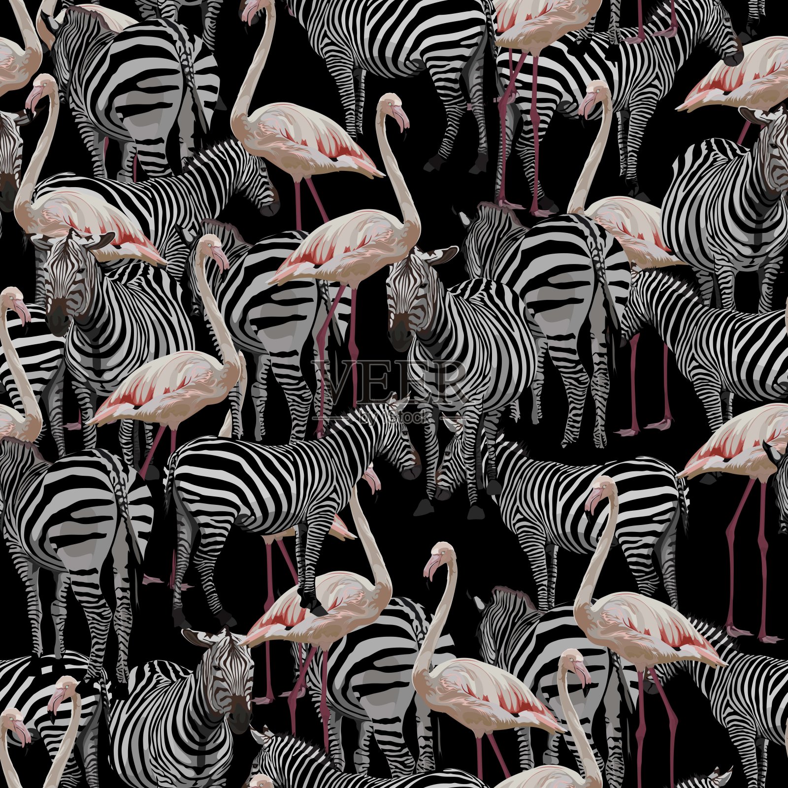 无缝图案与野生动物，如斑马和火烈鸟在黑色背景。插画图片素材