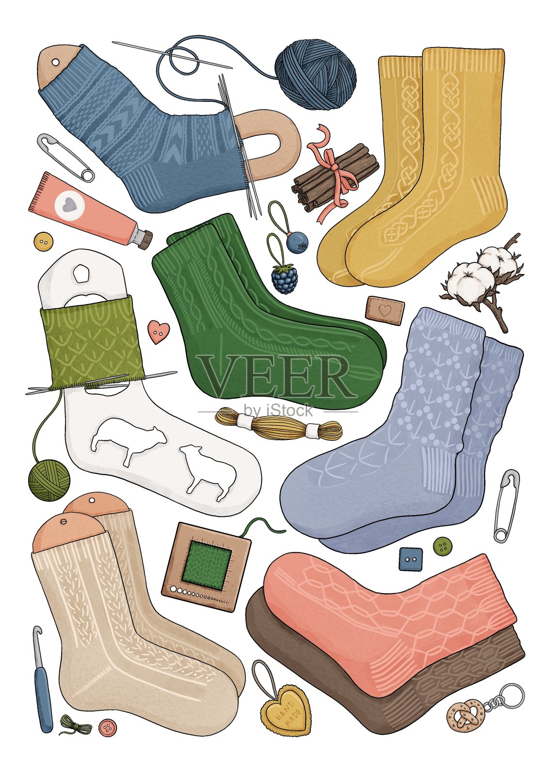 针织袜子，不同颜色和尺码插画图片素材
