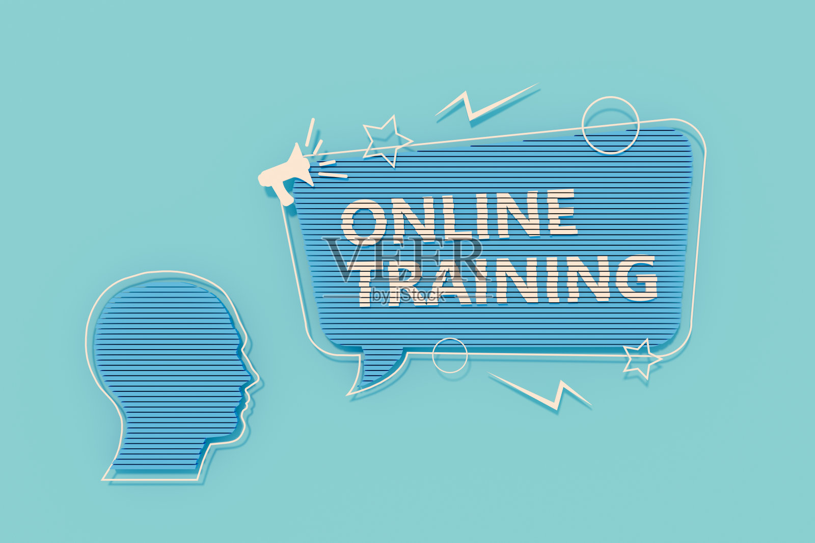 在线培训信息在语音气泡和蓝色背景的人的头照片摄影图片