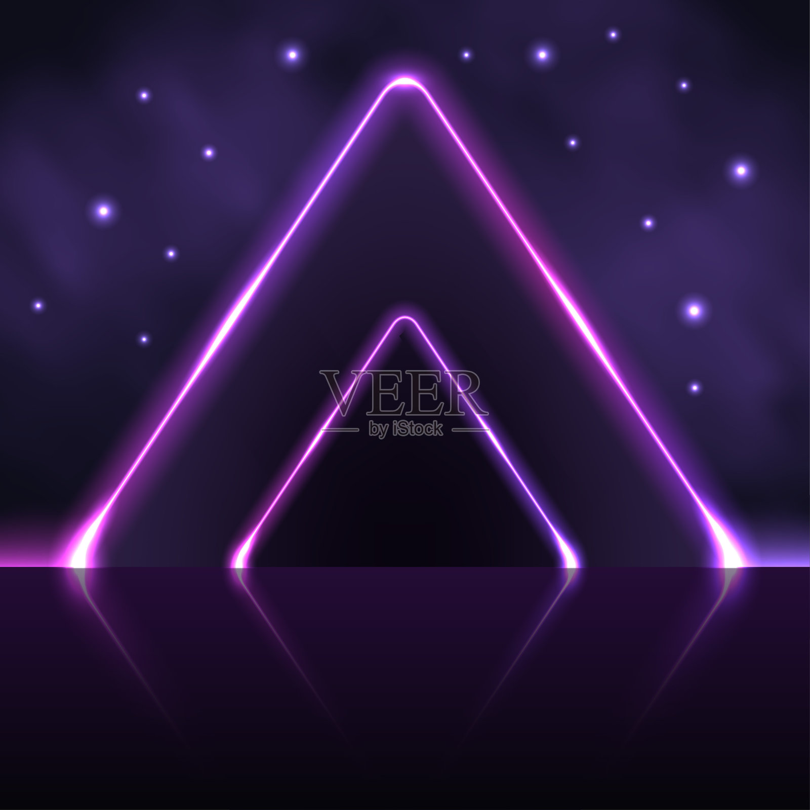 霓虹灯门，紫色发光的金字塔拱门门户，光辉光效果，星系空间世界的星星和火花。电子赛博朋克设计，霓虹灯合成器风格的背景。矢量图插画图片素材