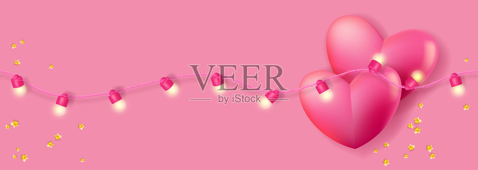 两颗粉红色的心在一个发光的花环插画图片素材