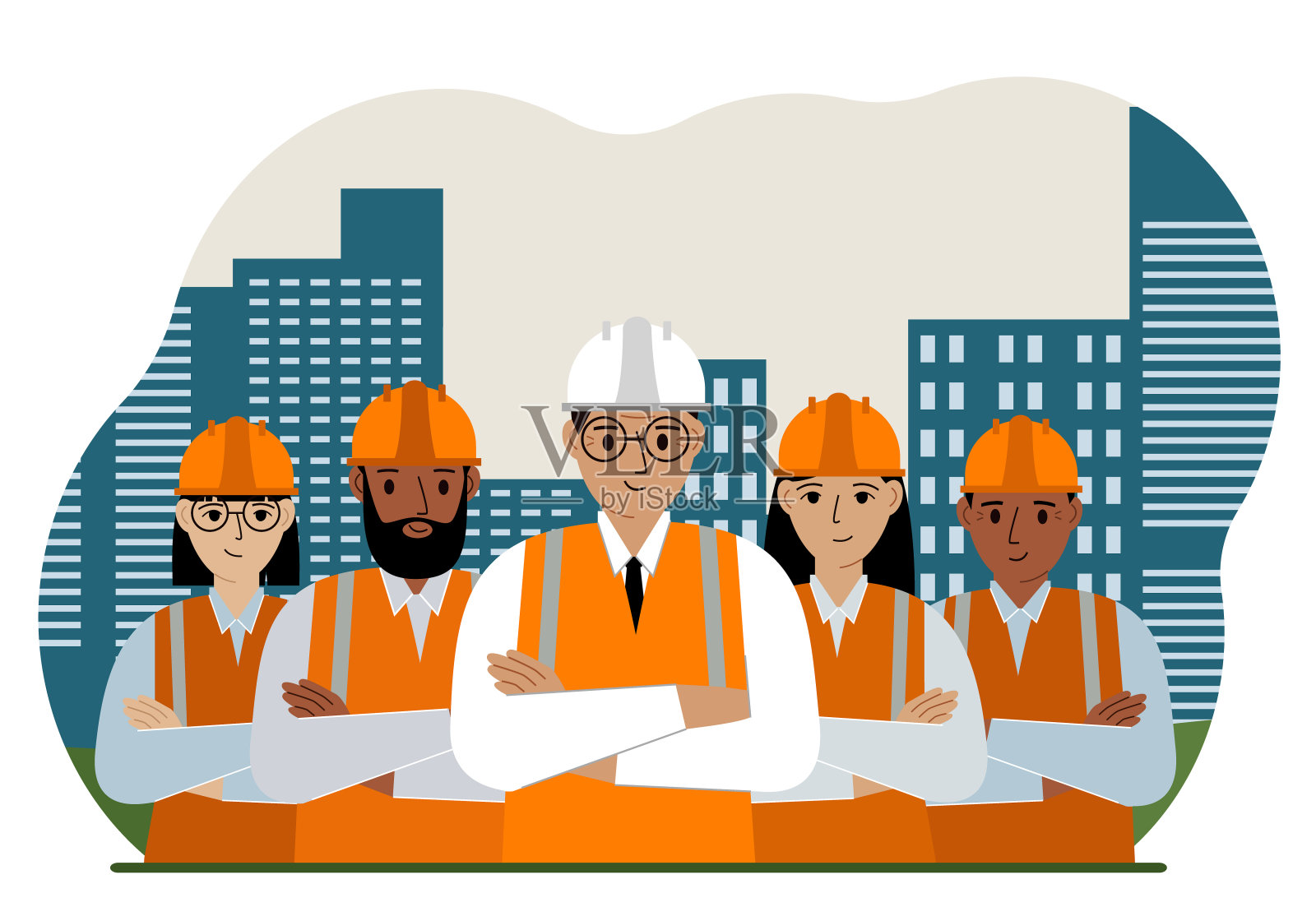 在城市和高层公寓建筑的背景下，施工人员和施工队伍微笑着。插画图片素材