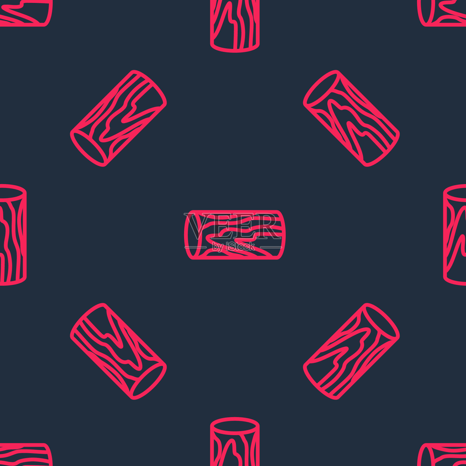 红线木日志图标孤立无缝图案上的黑色背景。堆柴火。向量插画图片素材