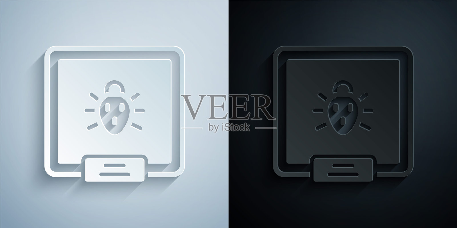 剪纸科罗拉多甲虫图标孤立的灰色和黑色背景。纸艺术风格。向量图标素材