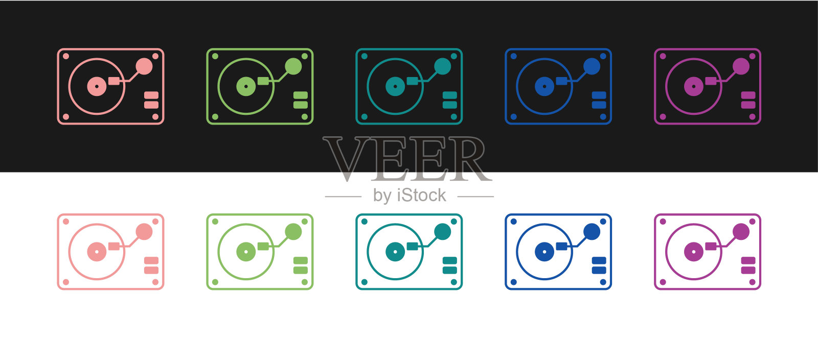设置黑胶播放器与黑胶盘图标孤立在黑白背景上。向量图标素材