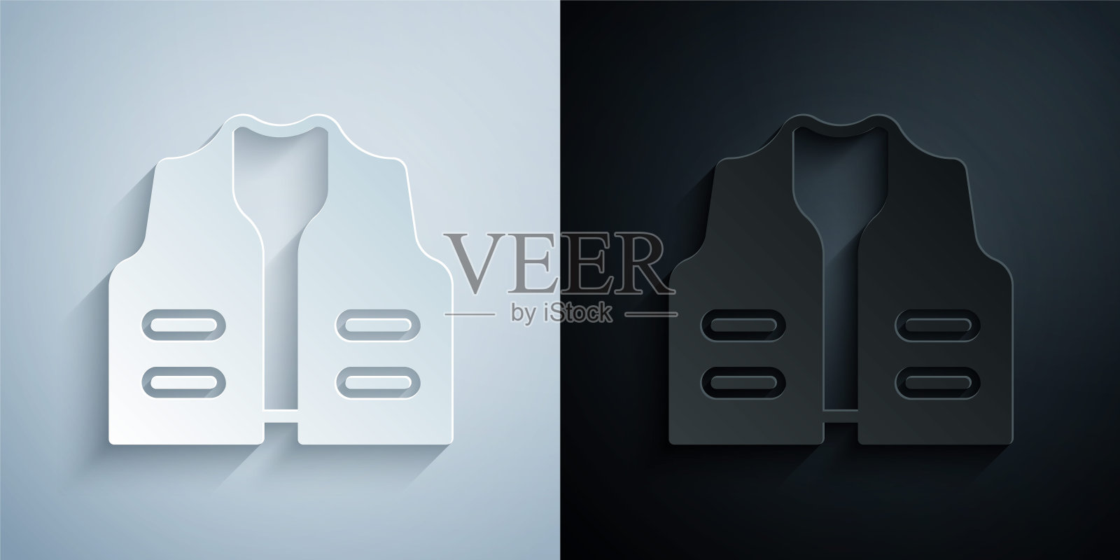 剪纸钓鱼夹克图标孤立的灰色和黑色背景。钓鱼背心。纸艺术风格。向量插画图片素材