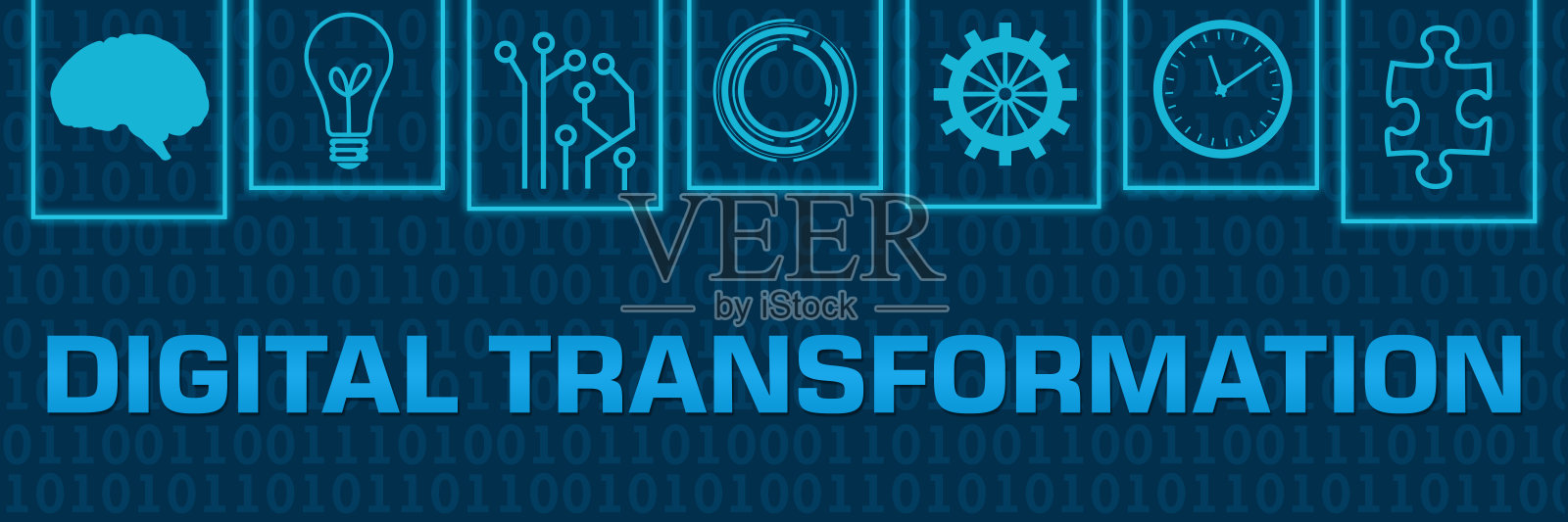 数字转换蓝色氖二进制符号在顶部水平插画图片素材