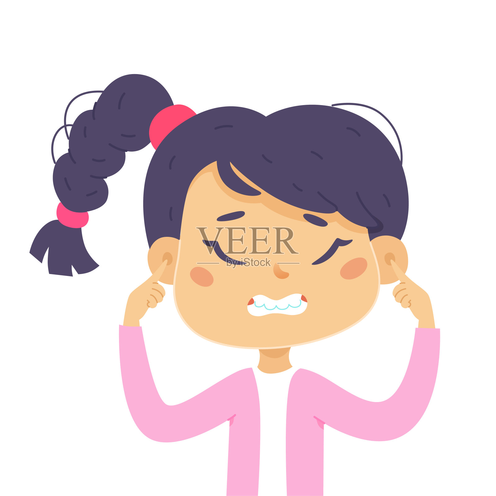 悲伤的孩子用手指和手捂着耳朵，不开心的女孩站着无视噪音插画图片素材