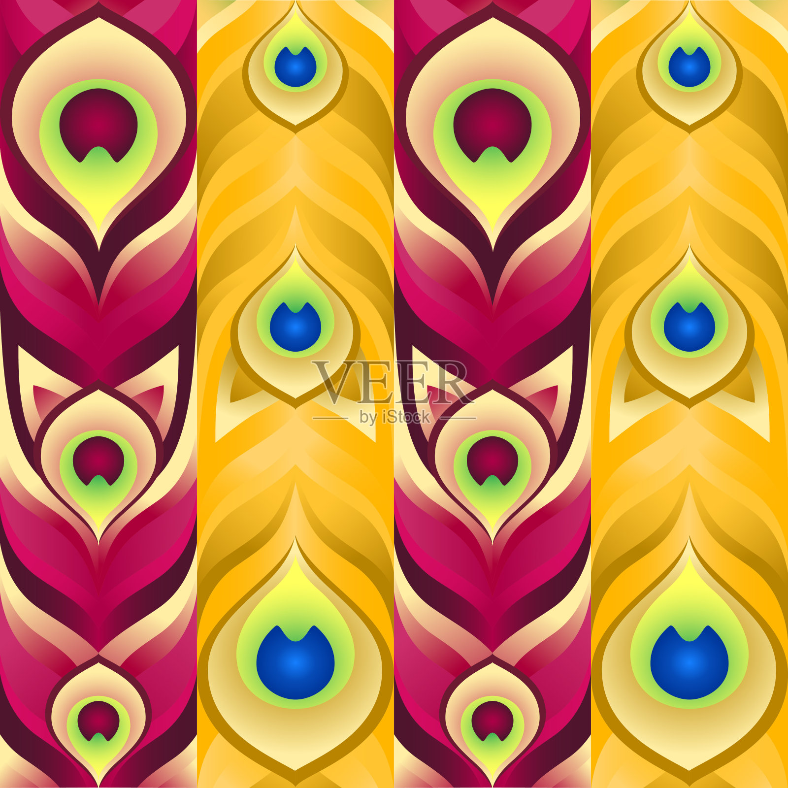 带有孔雀羽毛的图案。垂直图案的红色和黄色孔雀羽毛。插画图片素材