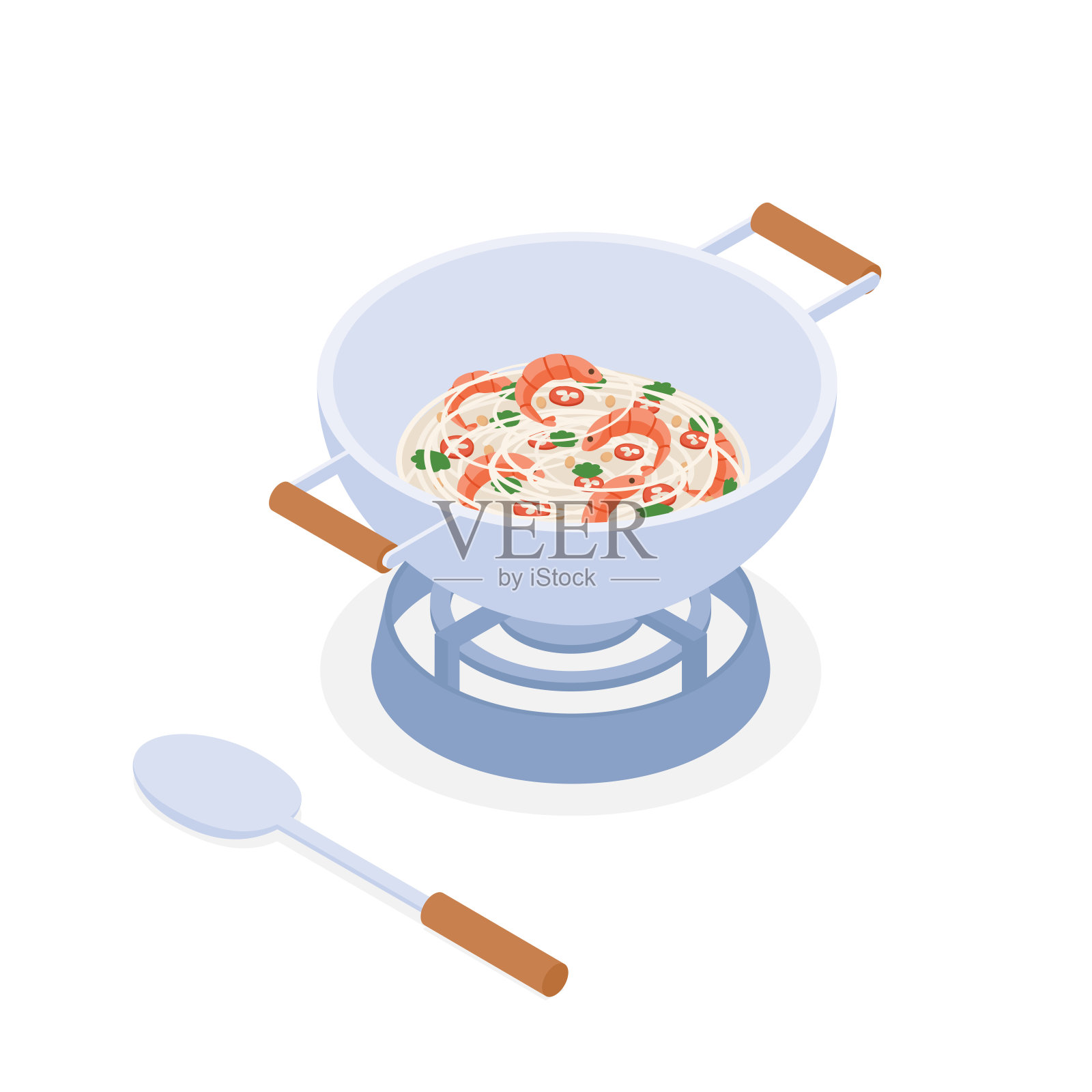 面条与虾，泰式炒锅-平面设计的等长矢量插图。插画图片素材