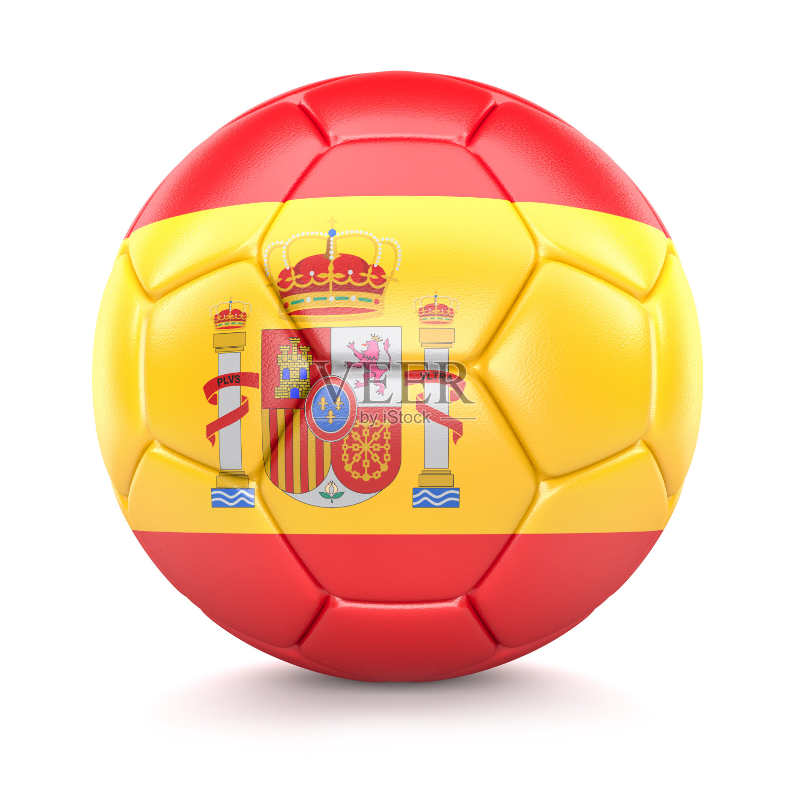 皮革足球与西班牙国旗孤立在白色背景。三维演示照片摄影图片