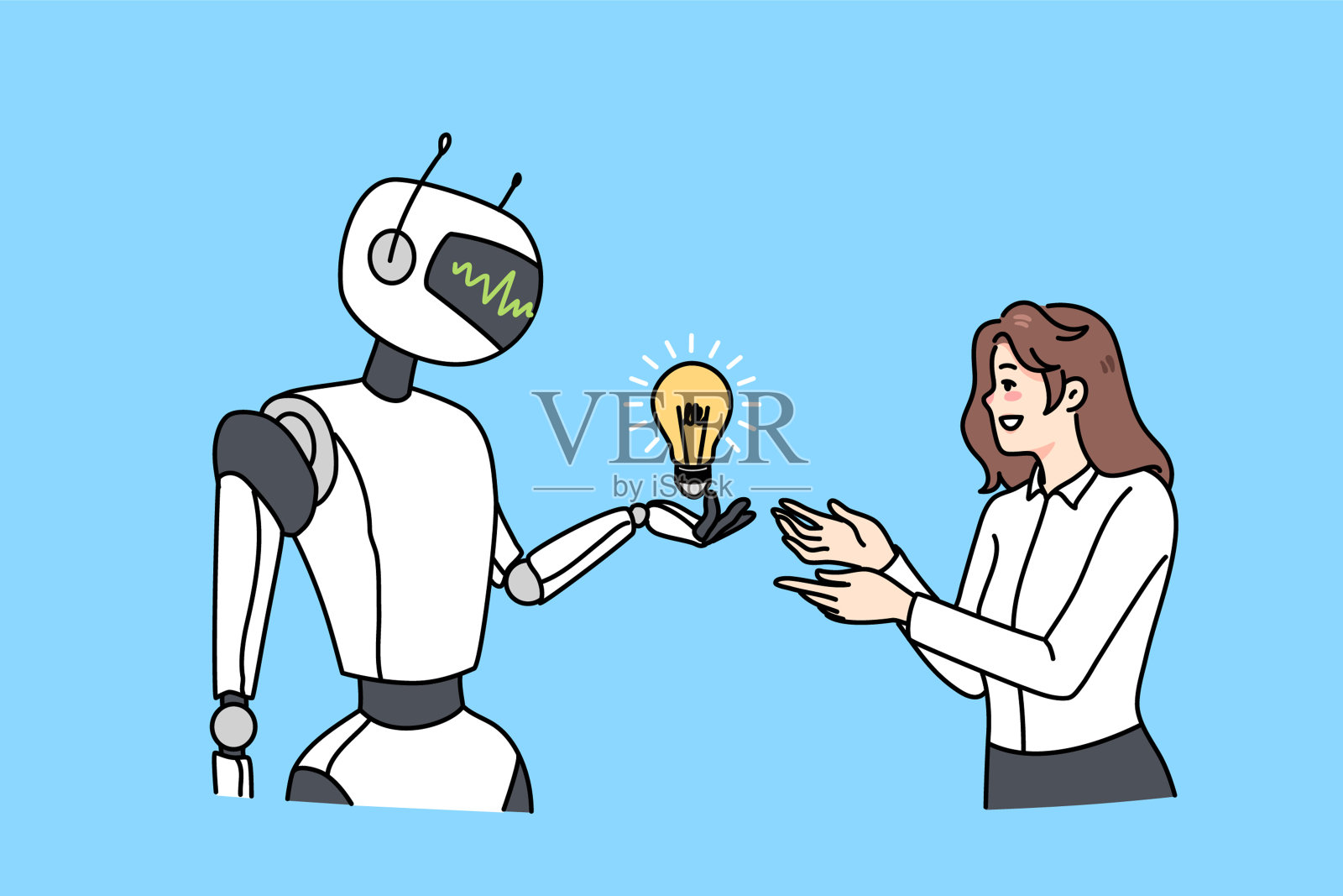 机器人为女员工提供灯泡插画图片素材