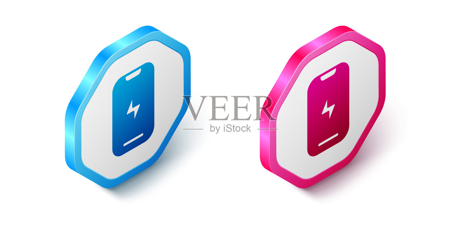 等距智能手机，手机图标孤立在白色背景。六角按钮。向量图标素材