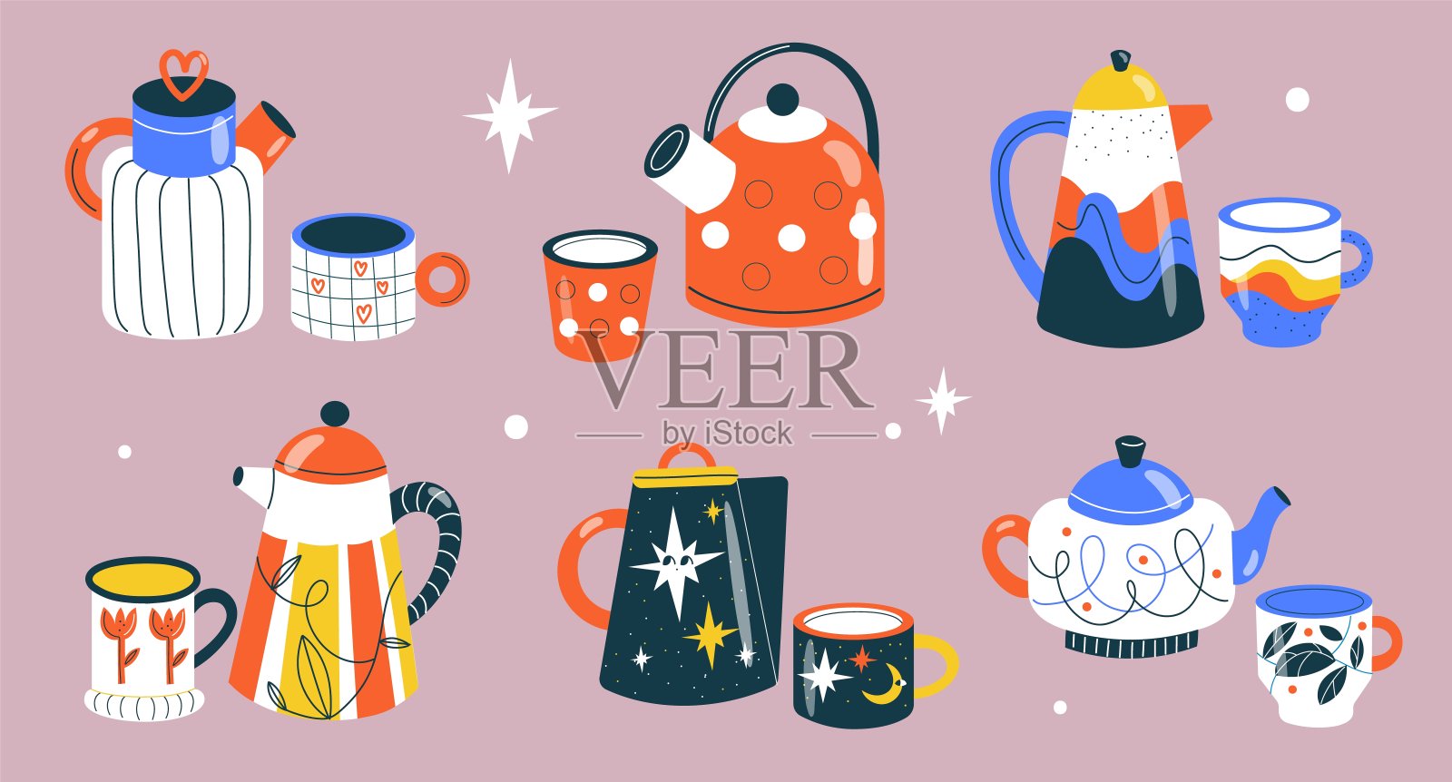 杯子和茶壶。可爱的图案水壶，陶瓷杯，不同设计有趣的陶器，热饮杯，舒适的陶瓷产品，厨房陶瓷餐具，矢量卡通孤立集设计元素图片